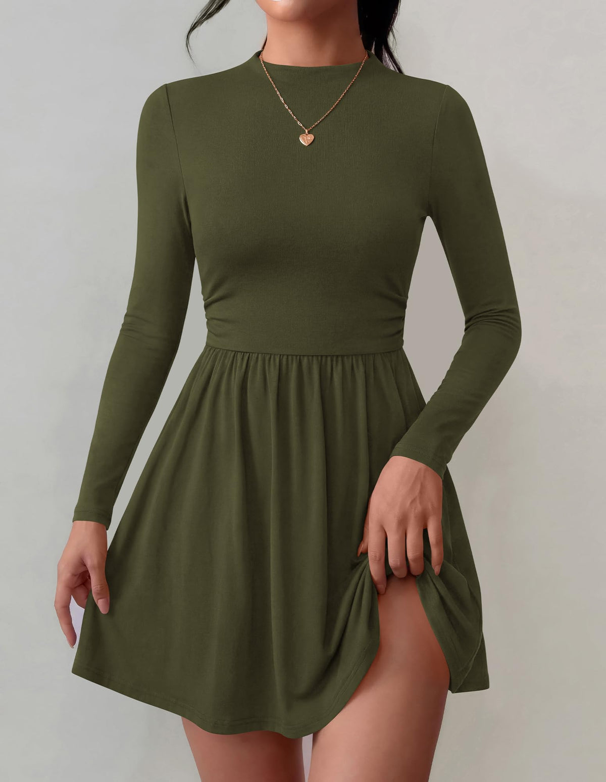 BTFBM Long Sleeve Dresses for Women Mock Neck A Line Flowy Mini Dress Swing Pleated Hem,Cocktail Party Club Holiday Going Out Outfits,Dressy Casual Winter,Trendy Early Fall Fashion Clothing