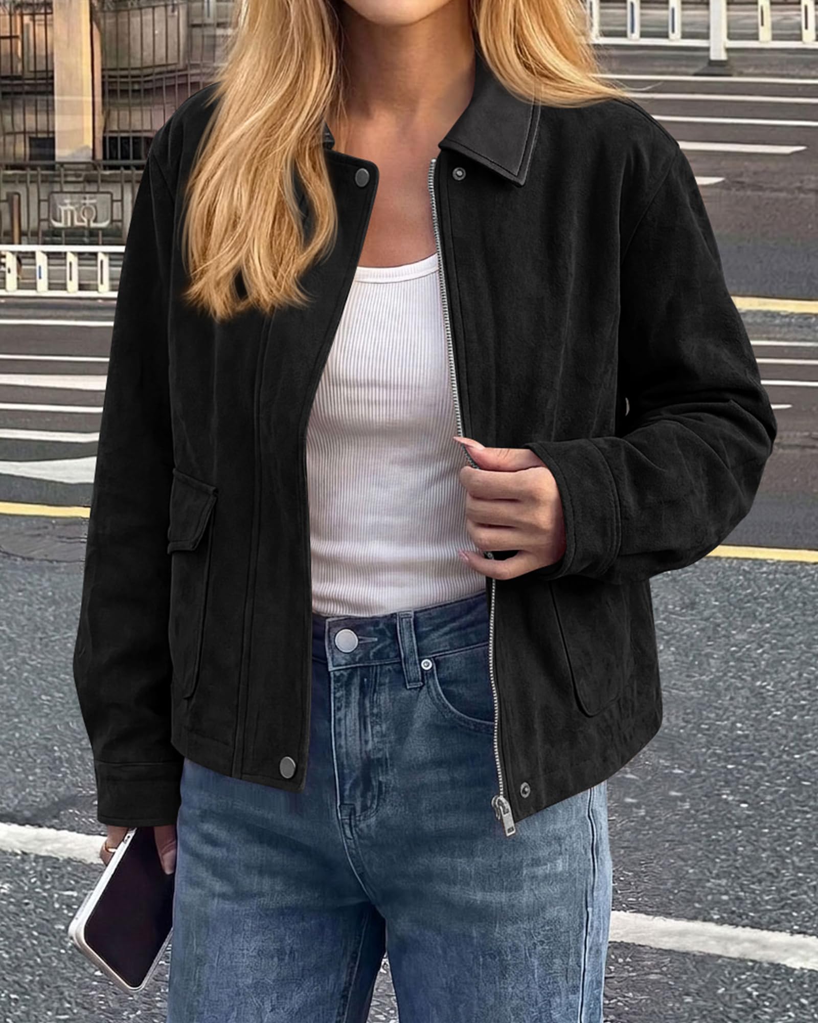 BTFBM Faux Suede Jacket Women Leather Lapel Zip Up Fall Outfits Button Down Long Sleeve Outerwear With Flap Pockets, Early Winter Coats, Motorcycle Jackets, Western Country Concert Outfits