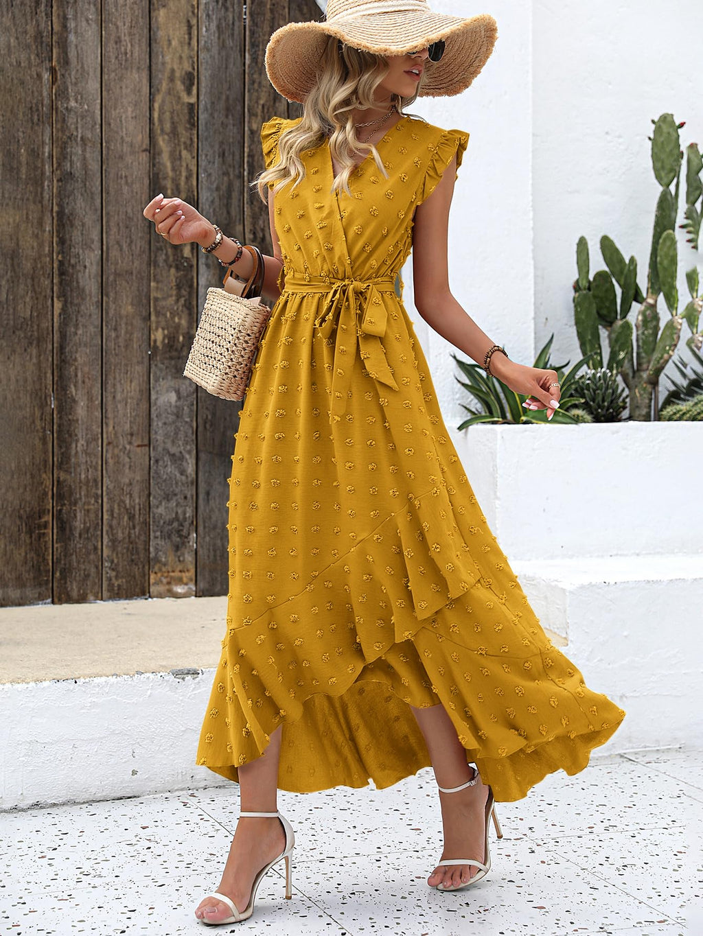 BTFBM Boho Dresses for Women Spring Fashion Cap Sleeve Swiss Dot Flowy Ruffle Beach Wedding Cocktail Maxi Dress