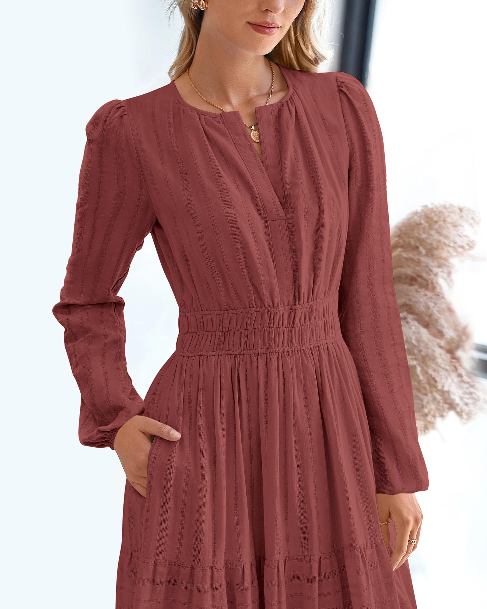 BTFBM Spring Dresses for Women 2026 Casual Long Sleeve V Neck Elastic Waist Lightweight Maxi Wedding Guest Dress Pockets