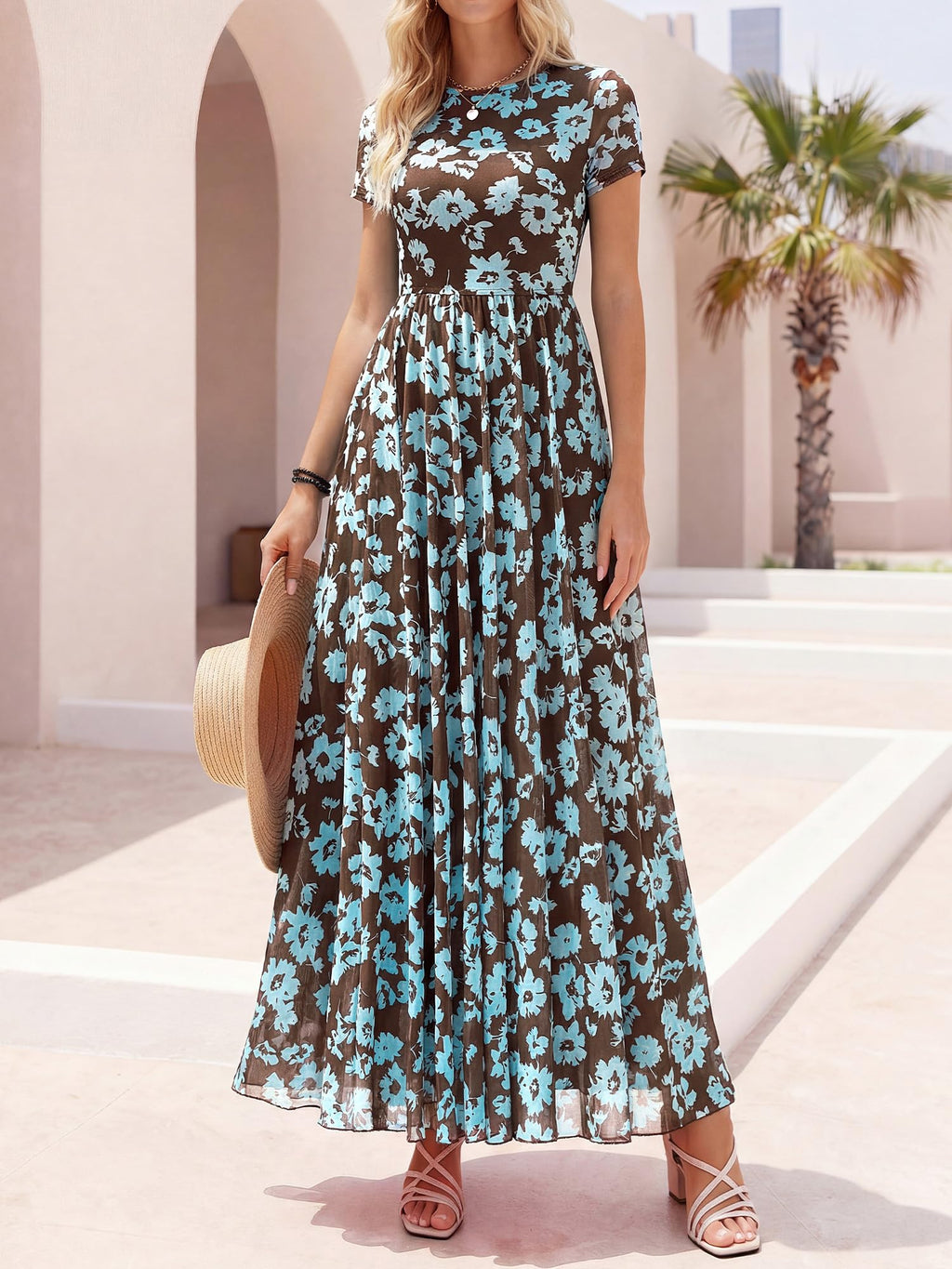 BTFBM Summer Dresses for Women Formal Short Sleeve Homecoming Dress Crew Neck,Mesh,Floral,Loose Fit,A-Line,Party,Cocktail,Graduation,Prom,Bridal Shower,Wedding Guest Maxi Dress,Vacation Outfits