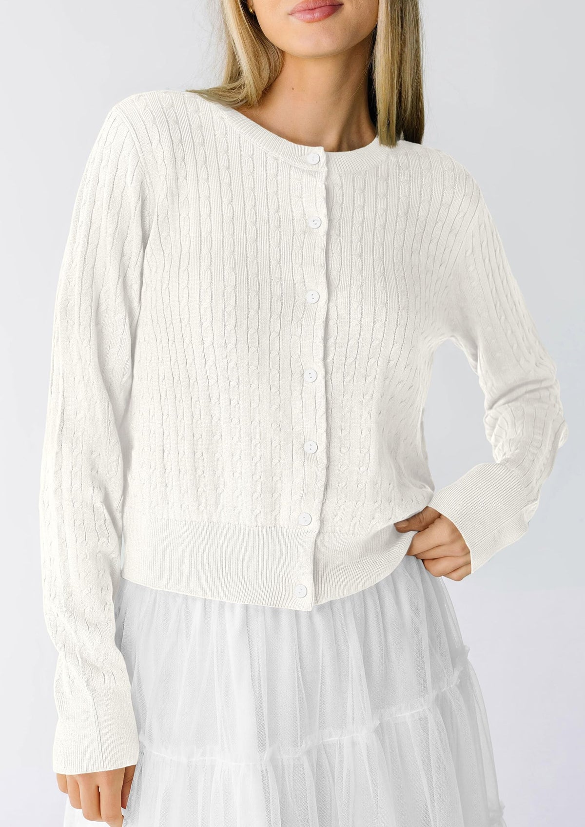 PRETTYGARDEN Women Lightweight Button Up Cardigan Sweaters | Soft Stretchy, Cozy Cable Knit, Long Sleeve Crew Neck, Trendy Cardigans, Cute Casual Outfits, Early Fall Fashion Clothing