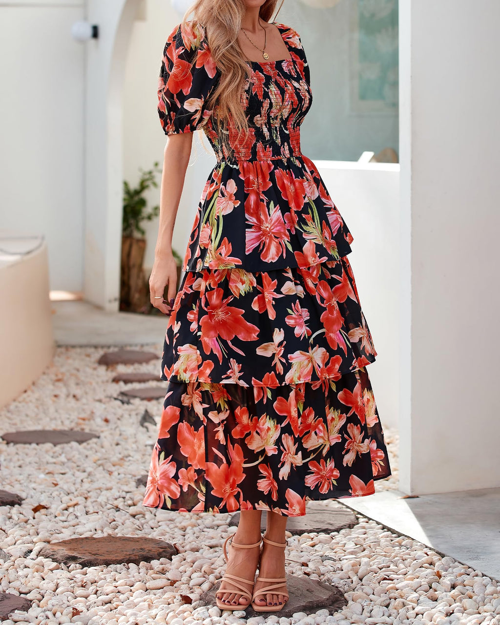 BTFBM Womens Square Neck Smocked Dress Summer Puff Short Sleeve Floral Casual Ruffle Tiered Maxi Wedding Guest Dresses