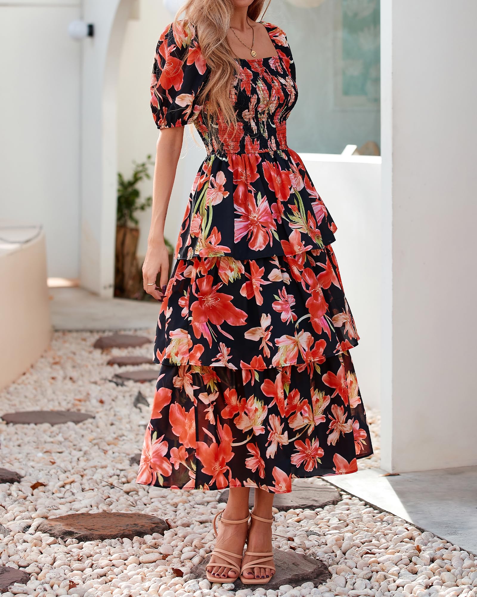 BTFBM Womens Square Neck Smocked Dress Summer Puff Short Sleeve Floral Casual Ruffle Tiered Maxi Wedding Guest Dresses