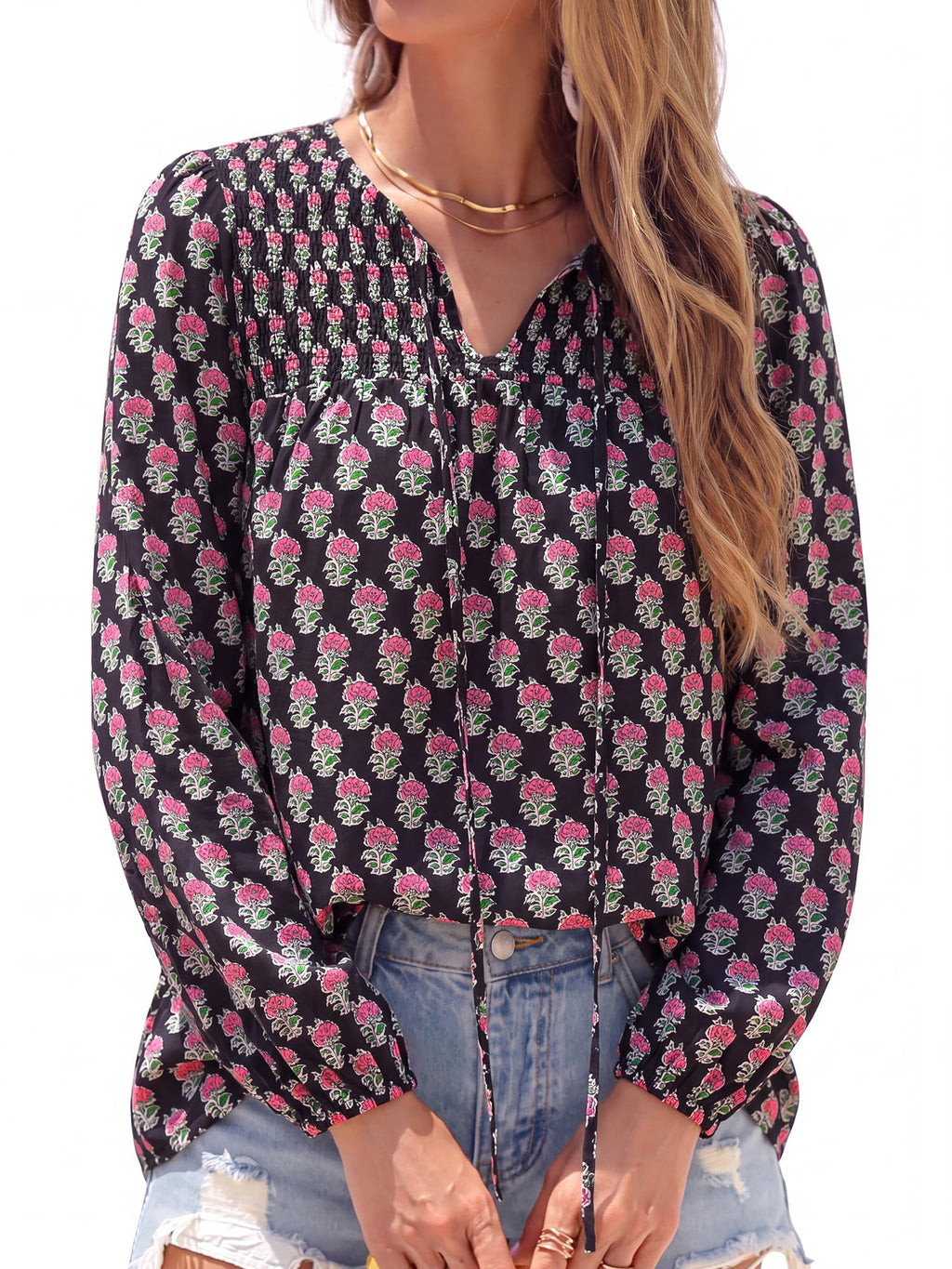 FreshPretty Boho Tops for Women Trendy Fall V Neck Floral Peasant Blouse,Lightweight Soft Puff Long Sleeve Shirts,Smocked Self-Tie Polka Dot Loose Work Blouses,Casual Daily Travel Vacation Outfits