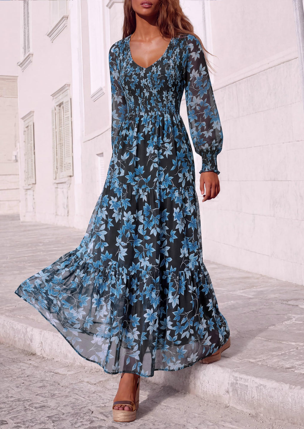 FreshPretty Womens Flroal Long Sleeve Dress Boho A Line Fall Maxi Dresses,Sheer Lantern Sleeve, Lined & Pockets, Smocked Front Back, High Waisted Flowy Long Dress, Tiered Fall Wedding Guest Dresses