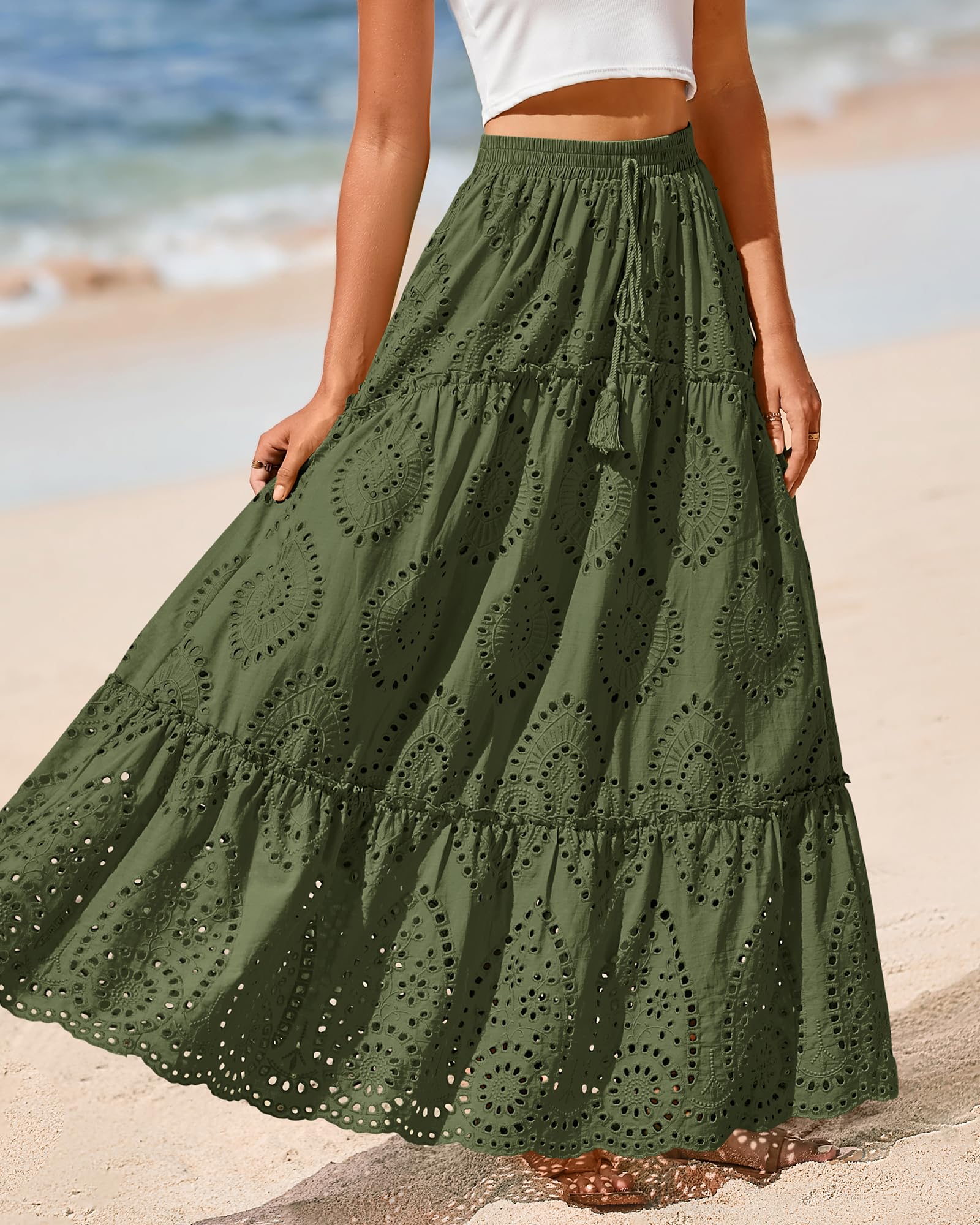 BTFBM Long Skirts for Women Summer Boho Lace Embroidery High Waist Flowy Tiered Spring Maxi Skirt Beach Vacation