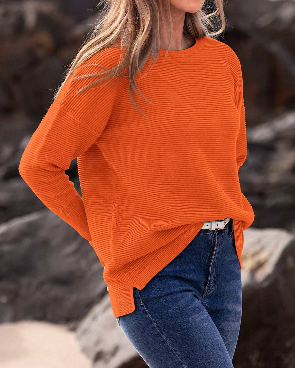 FreshPrettyFall Sweaters for Women Casual Long Sleeve Sweater Striped Loose Fit Pullover Tops