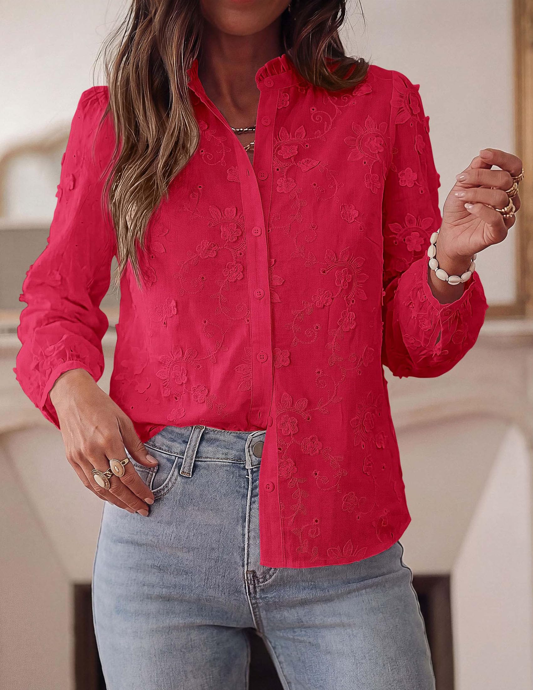 PRETTYGARDEN Women's Floral Embroidered Button Down Shirts | Ladies Dressy Fall Blouses, Long Sleeves, Ruffle Neck, Elegant Boho Eyelet Tops for Work, Business & Spring Casual Outings