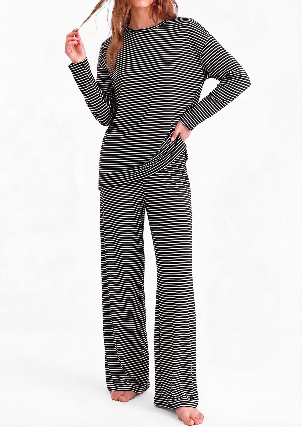 PRETTYGARDEN Womens Striped Lounge Set Fall Winter 2 Piece Sets Side Slit Long Sleeve T-Shirts & Wide Leg Pants, Matching Pajama Sets, Comfy Pj Set, Loungewear with Pockets, Fashion Clothes