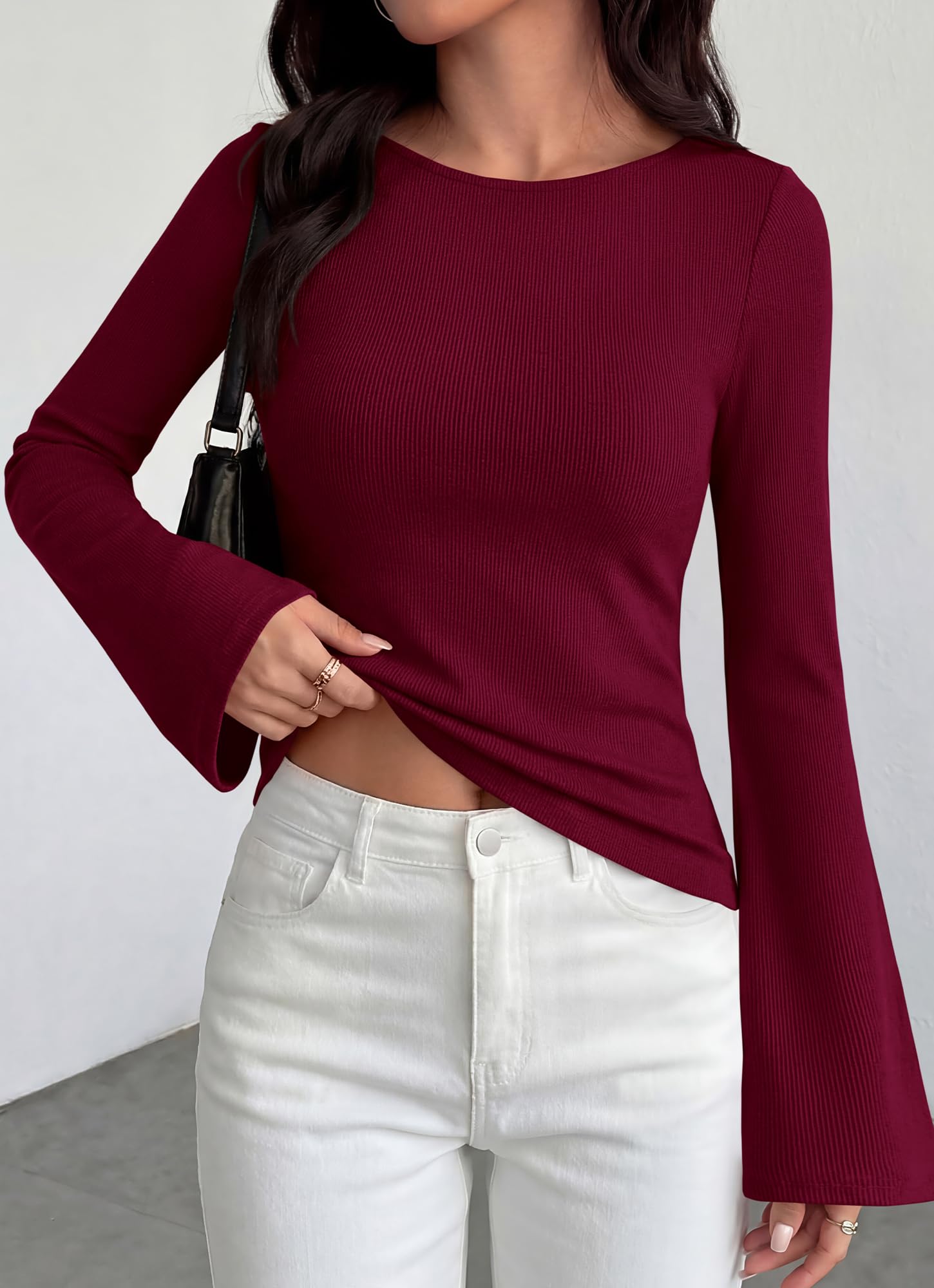 BTFBM Long Sleeve Shirts for Women Spring Y2K Clothes Casual Boat Neck Bell Sleeve Fitted Fall Going Out Tops