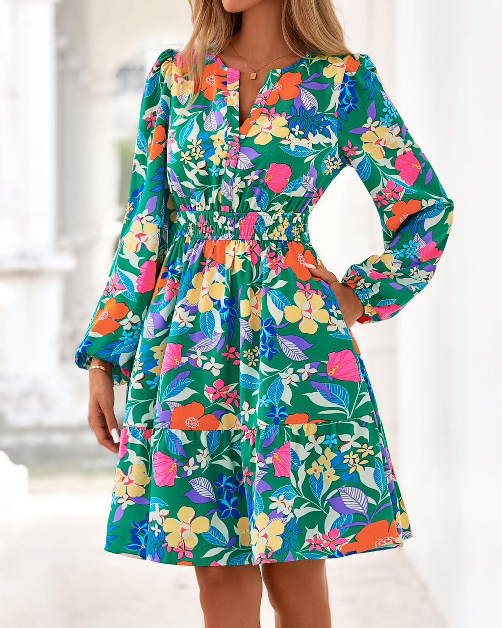 BTFBM Spring Dresses for Women Mini Long Sleeve Elastic Waist Summer Vacation Outfits Floral Wedding Guest Dress