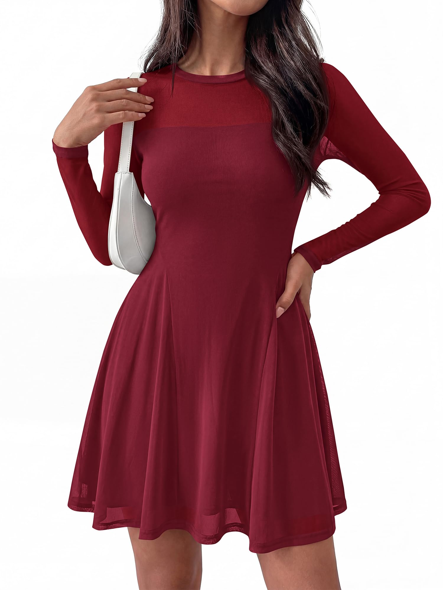 BTFBM Women’s Mini Dress Sheer Mesh Long Sleeve Crew Neck Flowy A Line Casual Cocktail Party Going Out Dresses Fall
