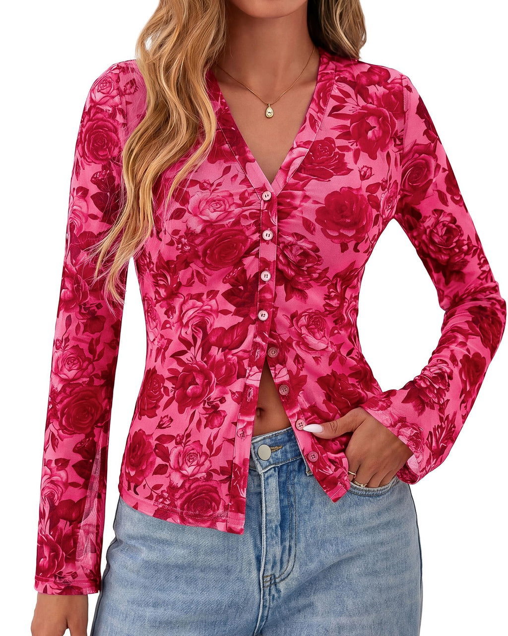 BTFBM Button Down Shirts for Women Spring Boho Tops V Neck Long Sleeve Blouses Ruched Mesh Fitted Fall Fashion