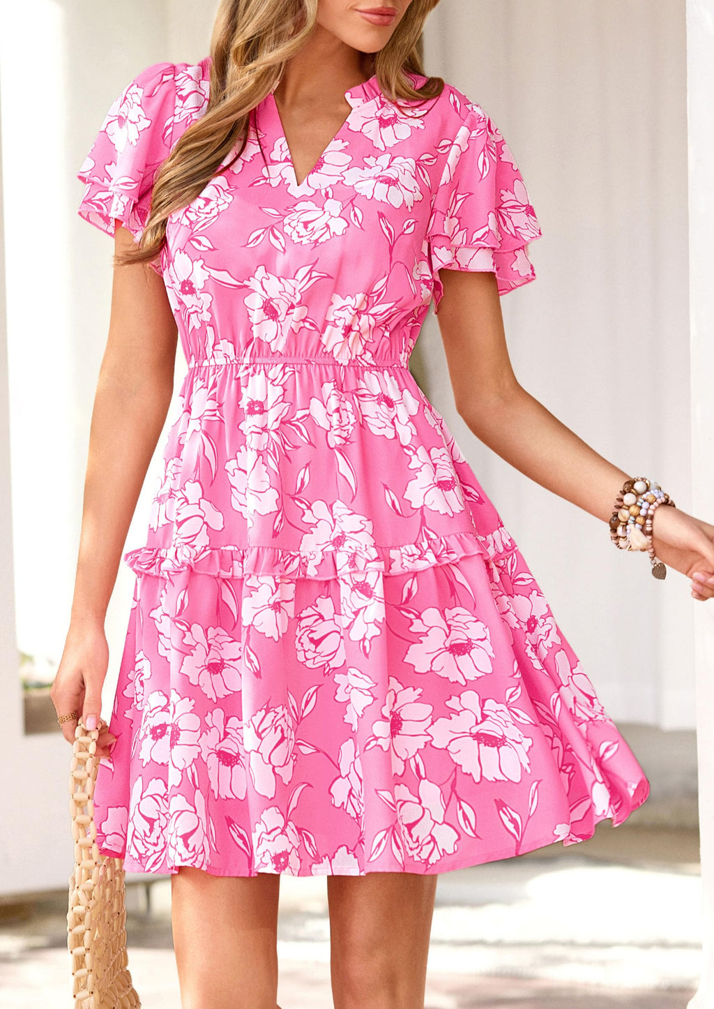 PRETTYGARDEN Womens Summer Floral Mini Dress  Trendy Ruffle Short Sleeve V Neck Flowy A Line Short Beach Dresses