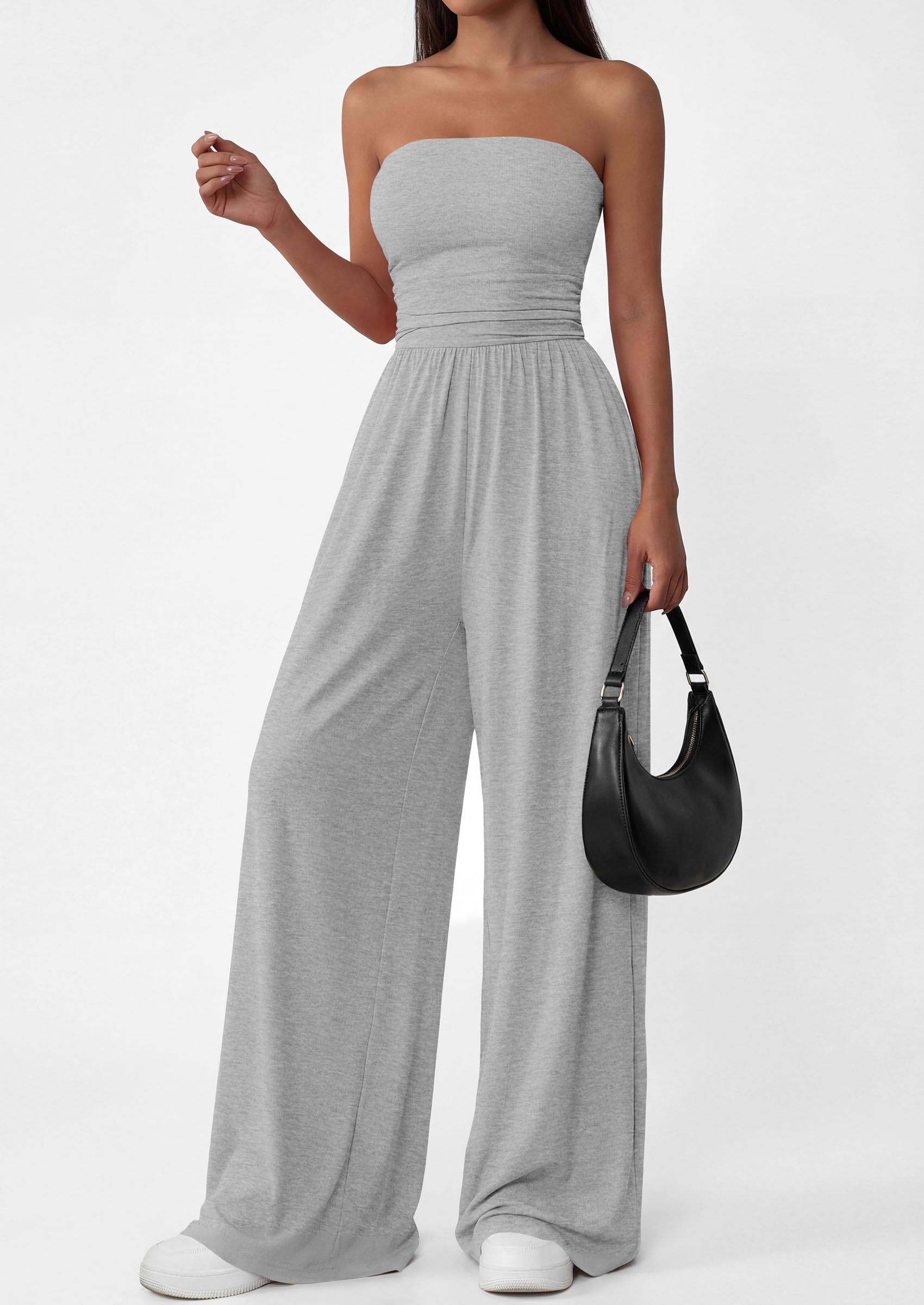 PRETTYGARDEN Womens Trendy Strapless Rompers Ruched Tube Top Wide Leg One Piece Jumpsuits Beach Vacation Summer Outfits