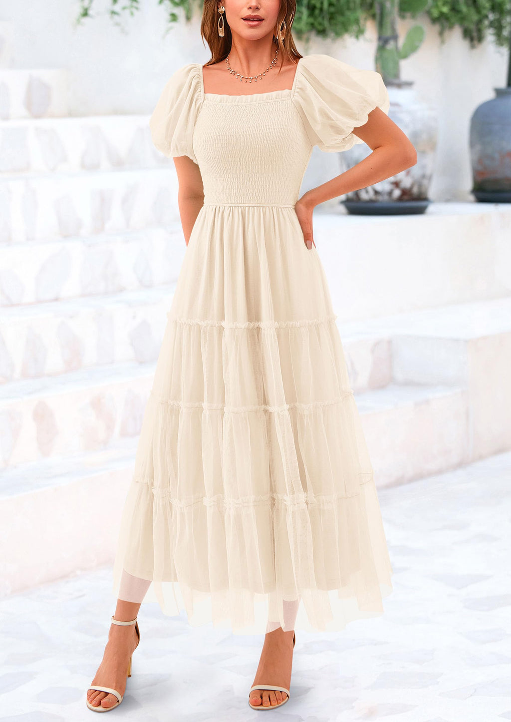 PRETTYGARDEN Women's Smocked Midi Tulle Dress  Summer Puffy Short Sleeve Square Neck Ruffle Wedding Guest Party Dresses