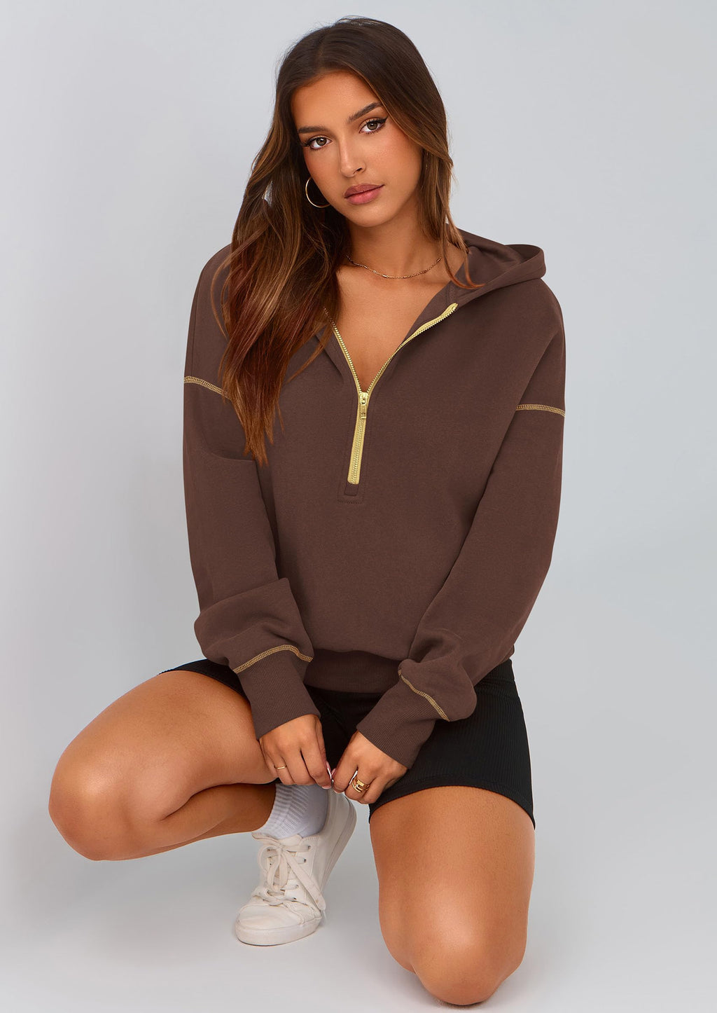 PRETTYGARDEN Women's  Fall Hooded Sweatshirts Long Sleeve Half Zip Cropped Hoodies Pullover Winter Fashion Clothes