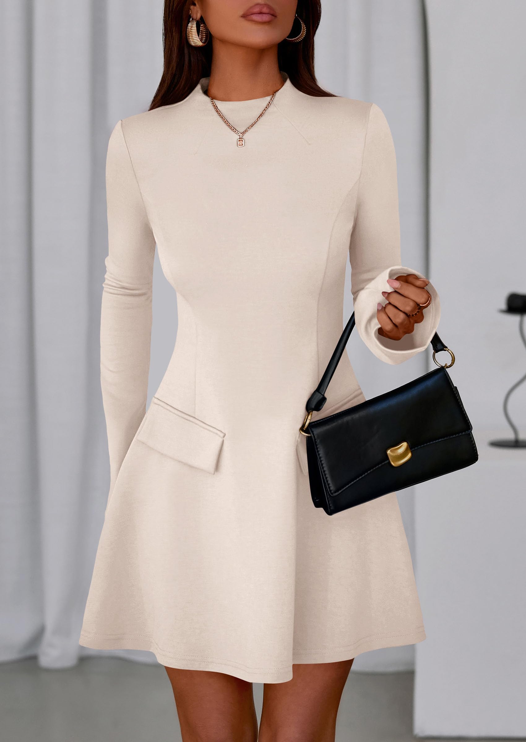 PRETTYGARDEN Women's Elegant Holiday Short Dress  Fall Bell Long Sleeve Mock Neck Work Business Casual Party Mini Dress