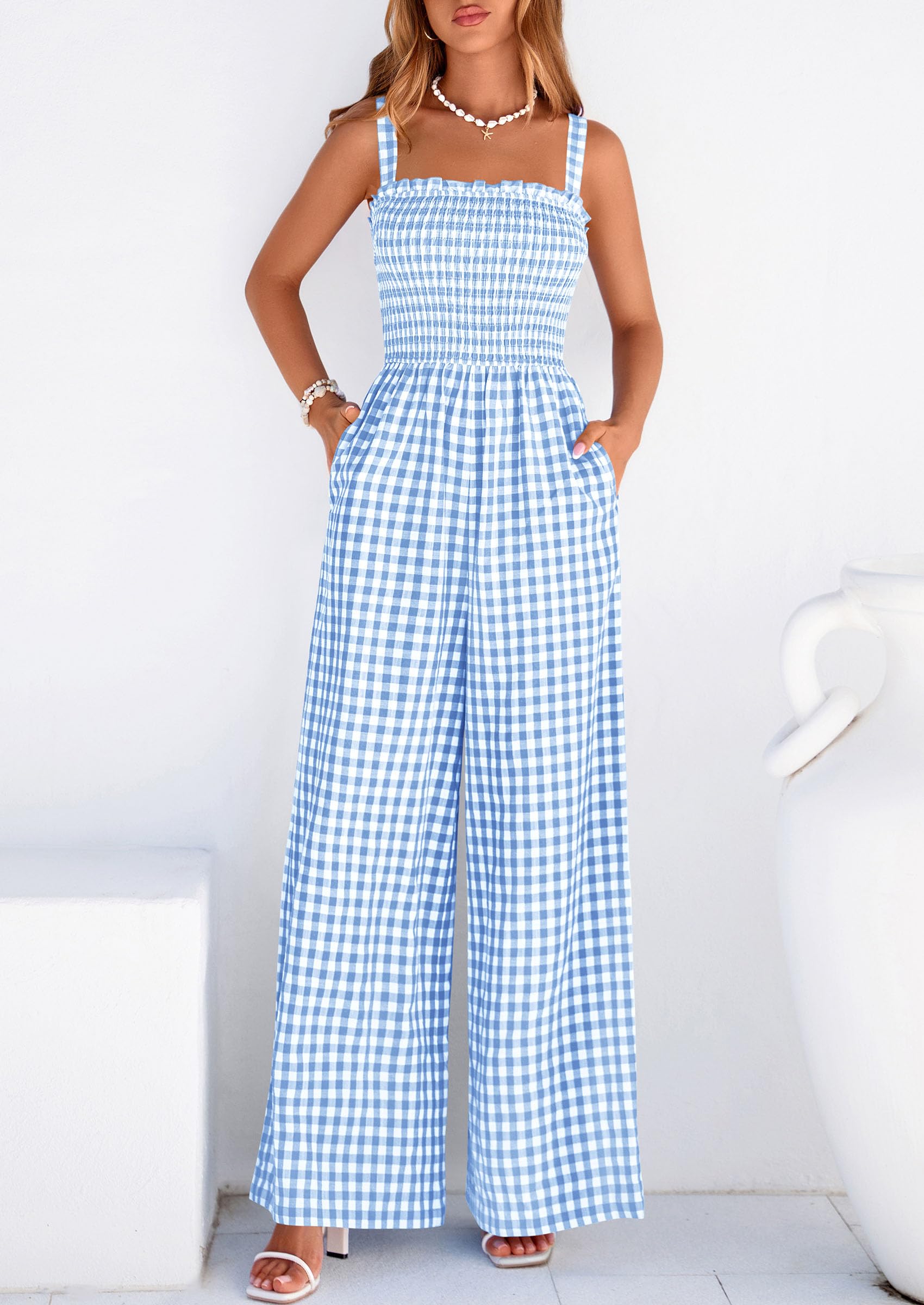 PRETTYGARDEN One Piece Jumpsuits for Women Casual Summer Cruise Outfits  Spring Fashion Smocked Wide Leg Gingham Rompers