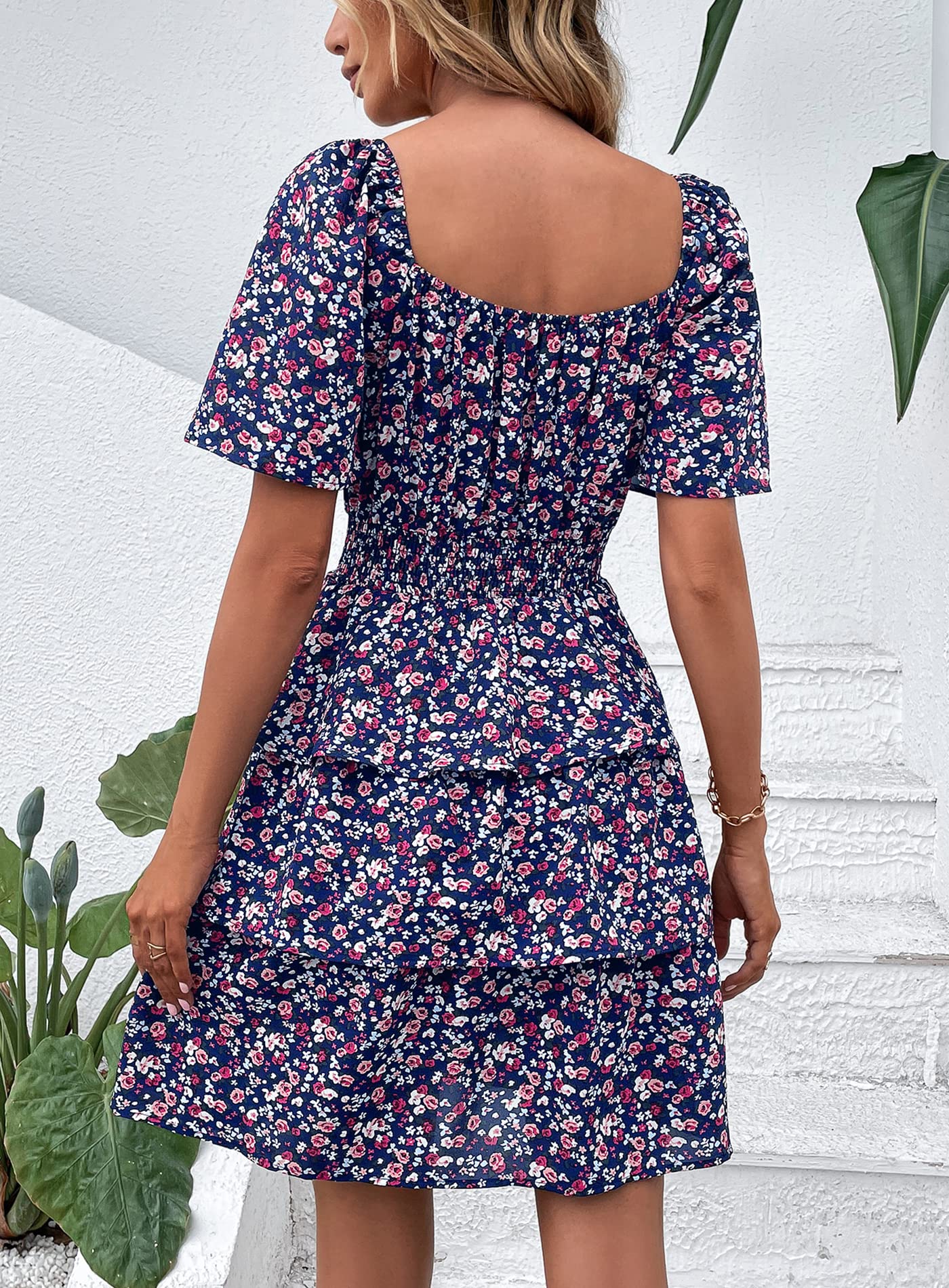 PRETTYGARDEN Women's  Floral Summer Short Dress Square Neck Short Sleeve Tiered Ruffle Boho Swing Dresses