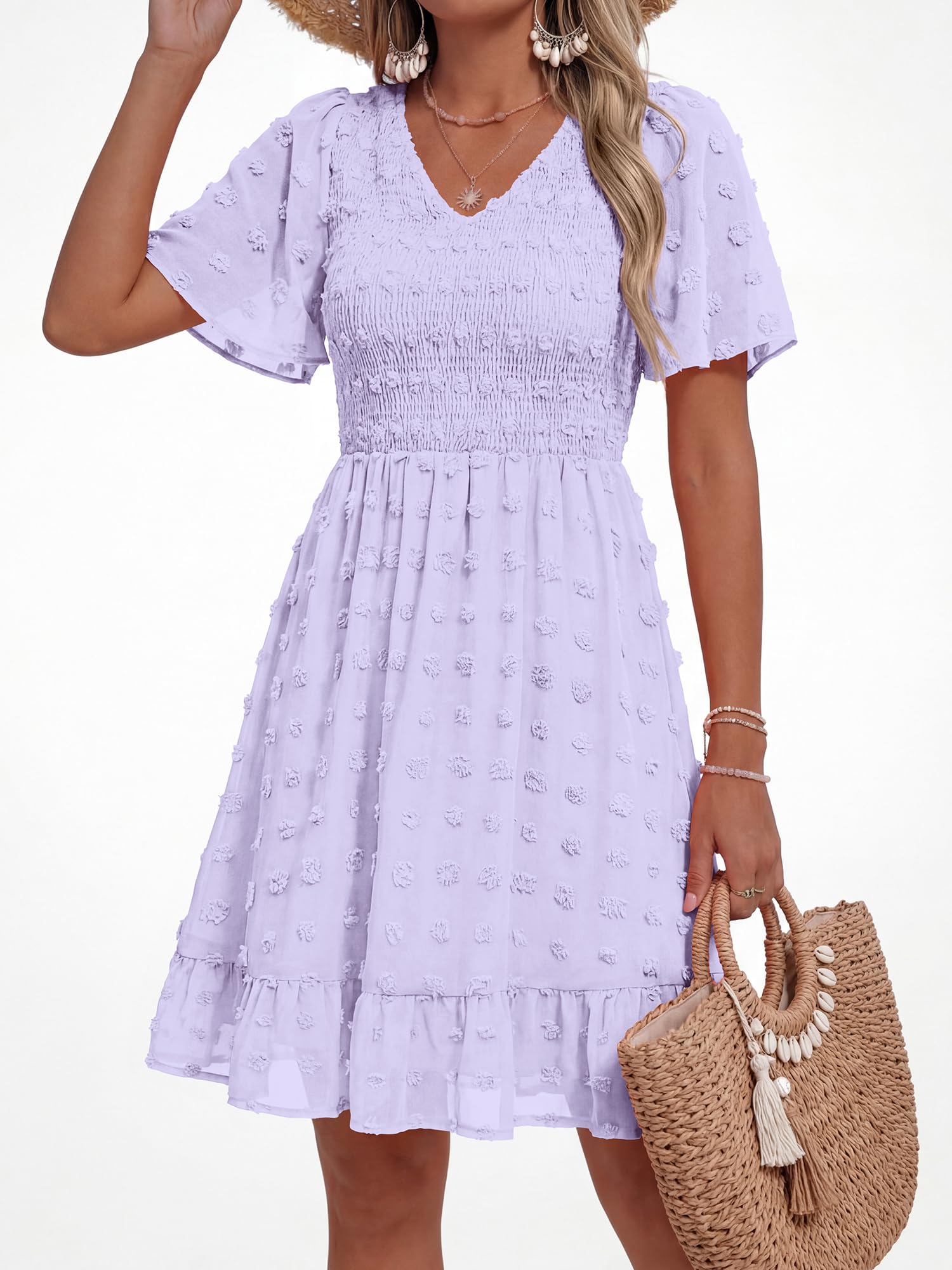 FreshPretty Womens Beach Vacation Dress Summer V Neck Short Sleeve Smocked Swiss Dot Ruffle Casual Mini Spring Dresses