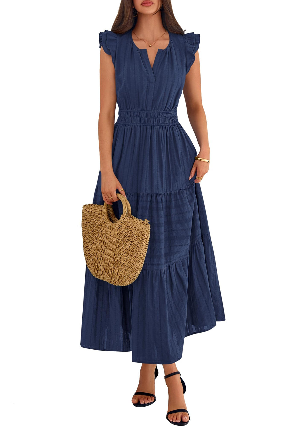 BTFBM Womens Summer Maxi Dress  Spring Boho Vacation Ruffle Flutter Short Sleeve A Line Tiered Flowy Dresses Pockets