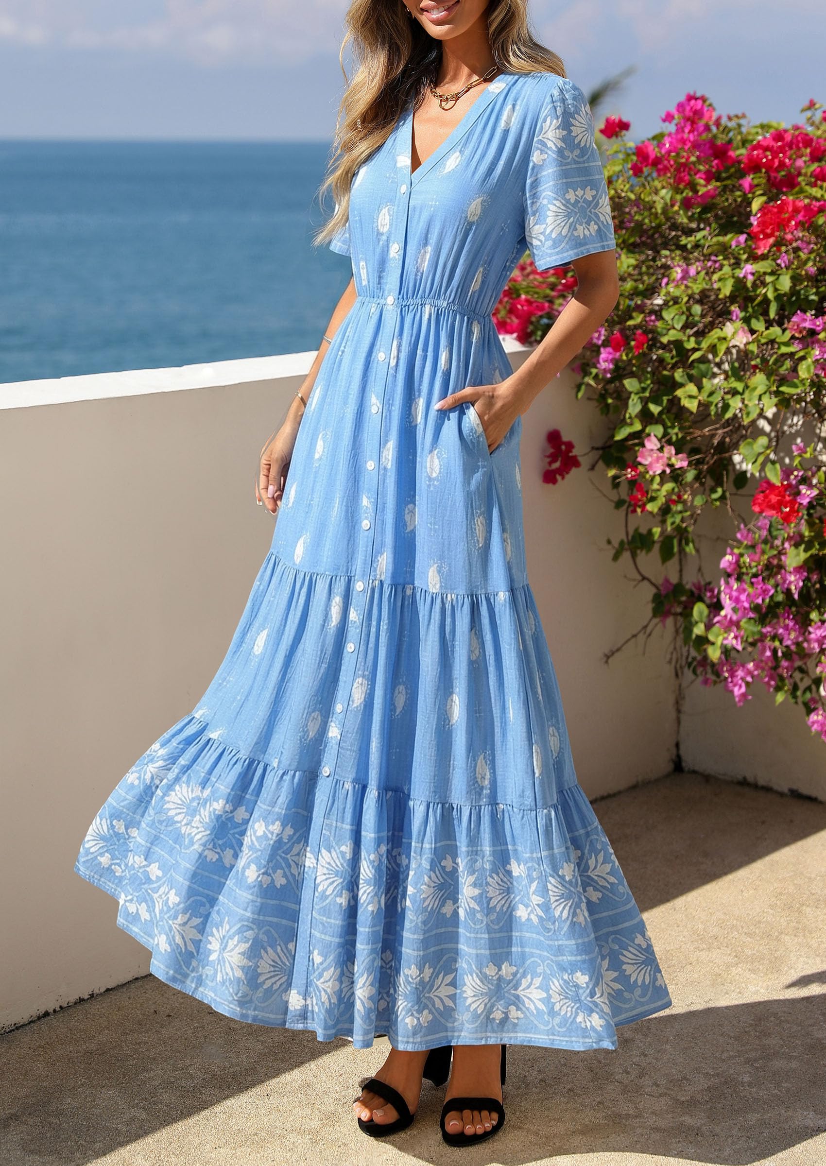 PRETTYGARDEN Womens Summer Boho Maxi Dress Trendy Short Sleeve V Neck Flowy Beach Floral Dresses with Pockets