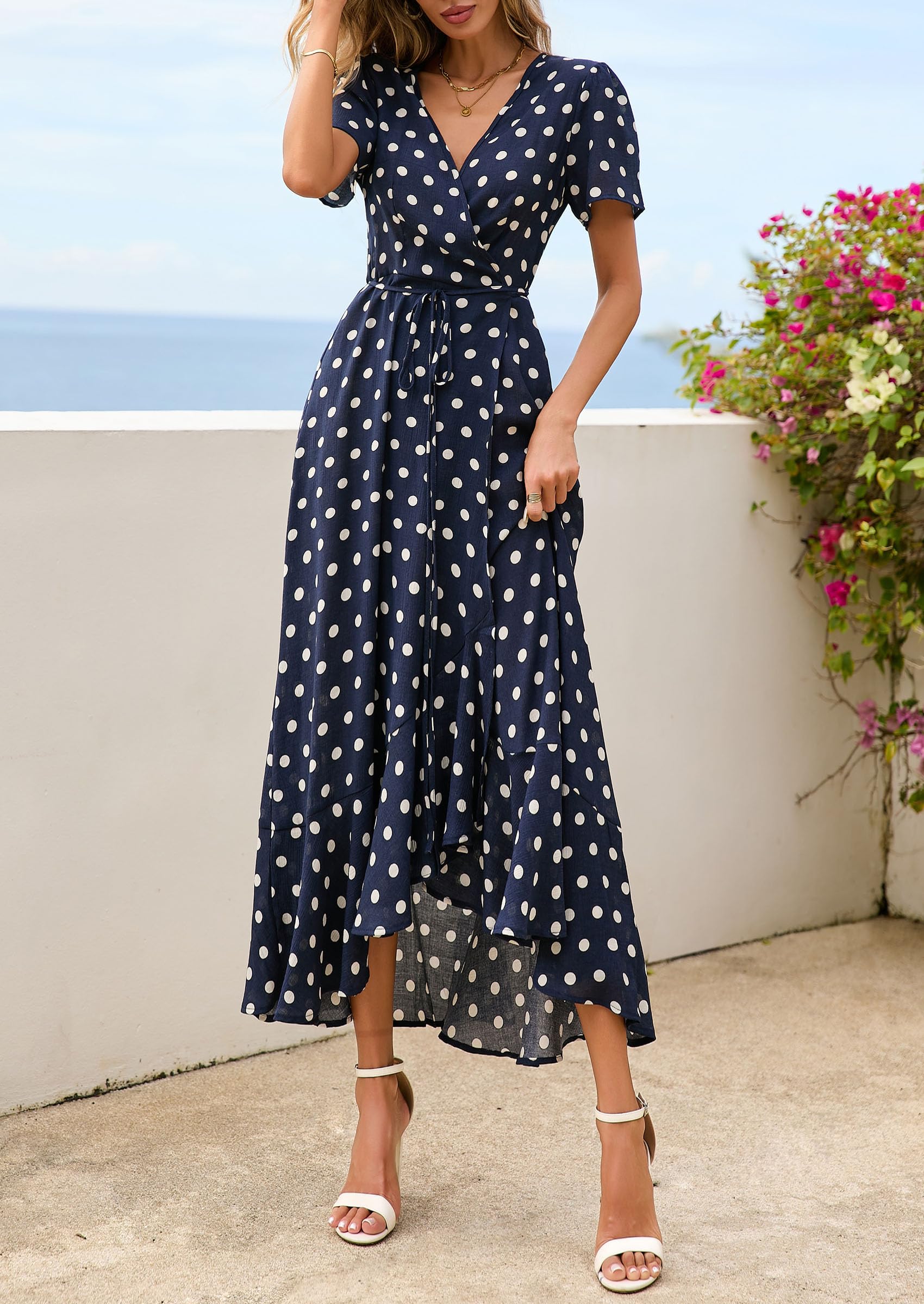 PRETTYGARDEN Women's Summer Maxi Dress Casual Wrap Floral Boho Short Sleeve V Neck Split Ruffle Beach Long Dresses