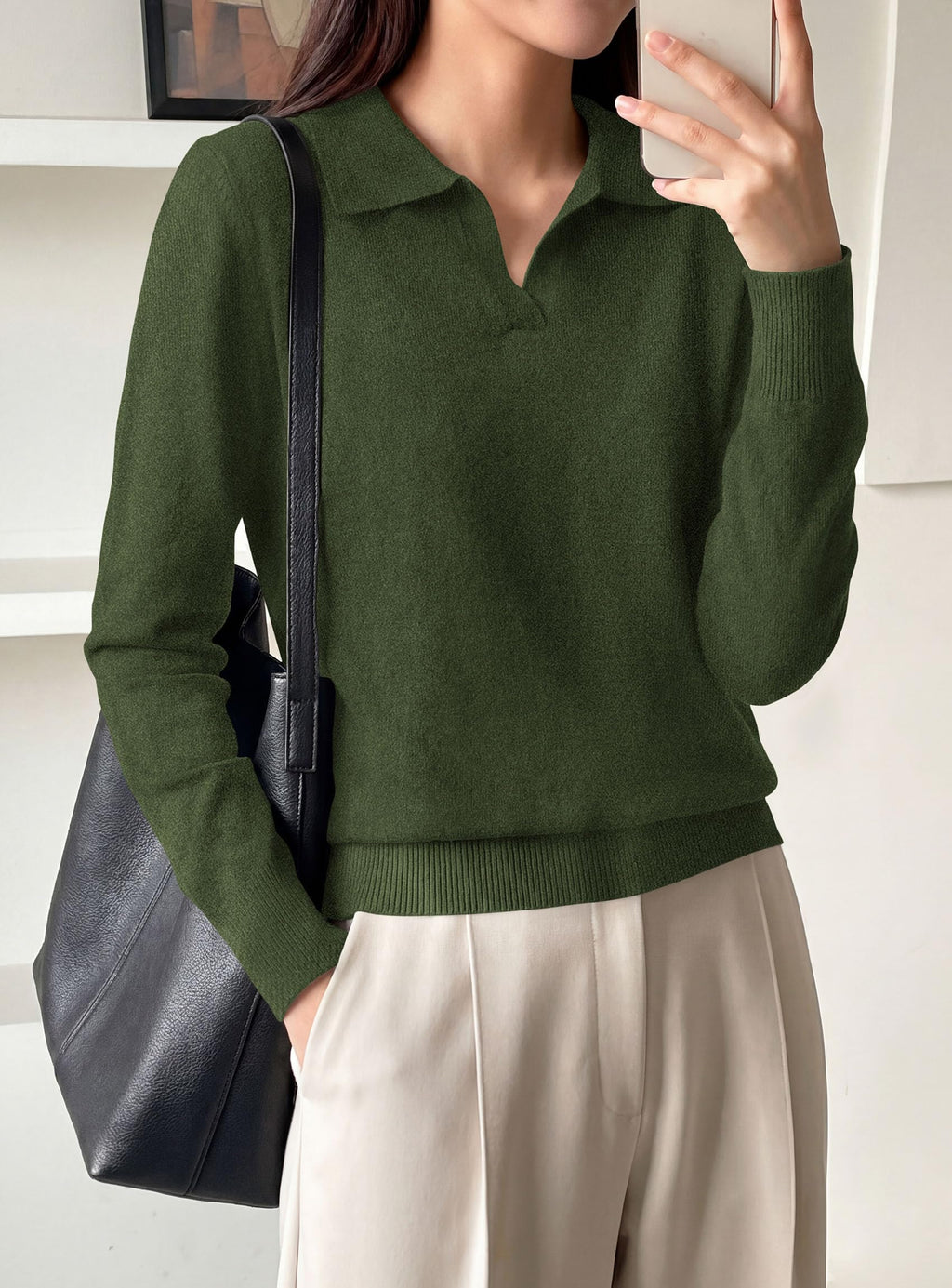 PRETTYGARDEN Womens Long Sleeve Collared Polo Sweater | Breathable Soft Ribbed Knit, Lapel V Neck Pullover Sweaters, Business Casual Work Office Tops, 2026 Trendy Fall Outfits