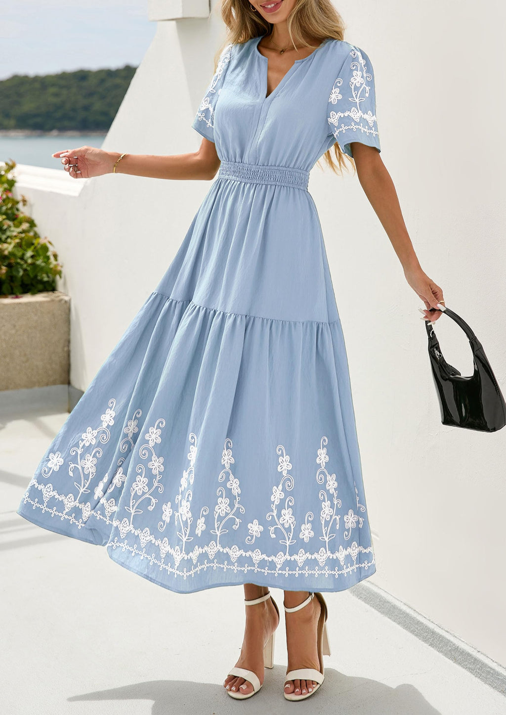 PRETTYGARDEN Women's Summer Boho Maxi Dress Spring Floral Short Sleeve V Neck A Line Flowy Beach Wedding Guest Dresses