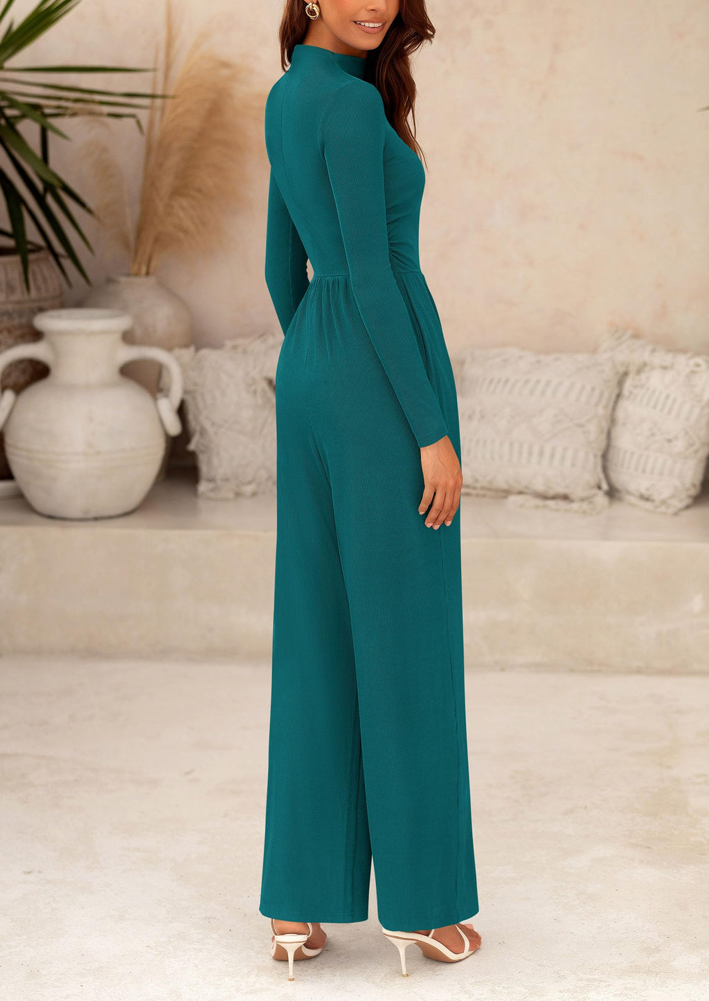 PRETTYGARDEN Womens Jumpsuit Dressy Casual Spring Fall Fashion One Piece Outfits Long Sleeve Mock Neck Wide Leg Pants Rompers