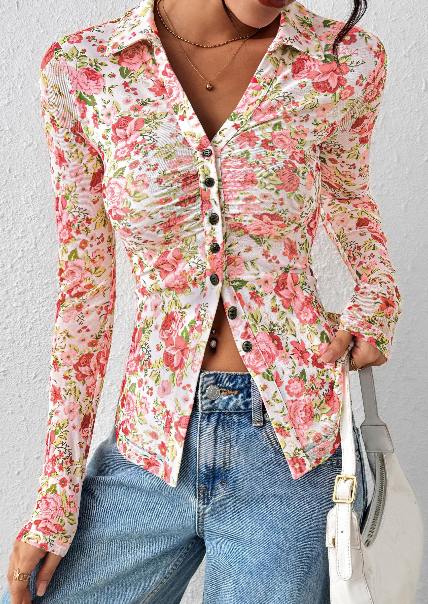 PRETTYGARDEN Women Button Down Floral Shirts Fall Trendy Long Sleeve V Neck Mesh Boho Blouse Spring Tops Date Outfits