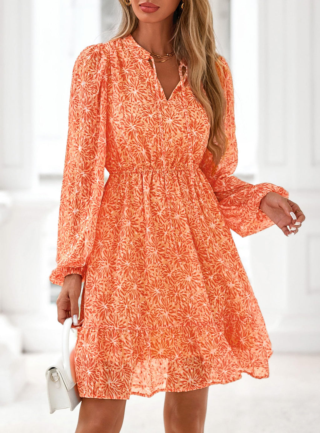 PRETTYGARDEN Women's Fall Boho Dresses  Floral Long Sleeve V Neck Mini Flowy Wedding Guest Dress Trendy Vacation Outfits