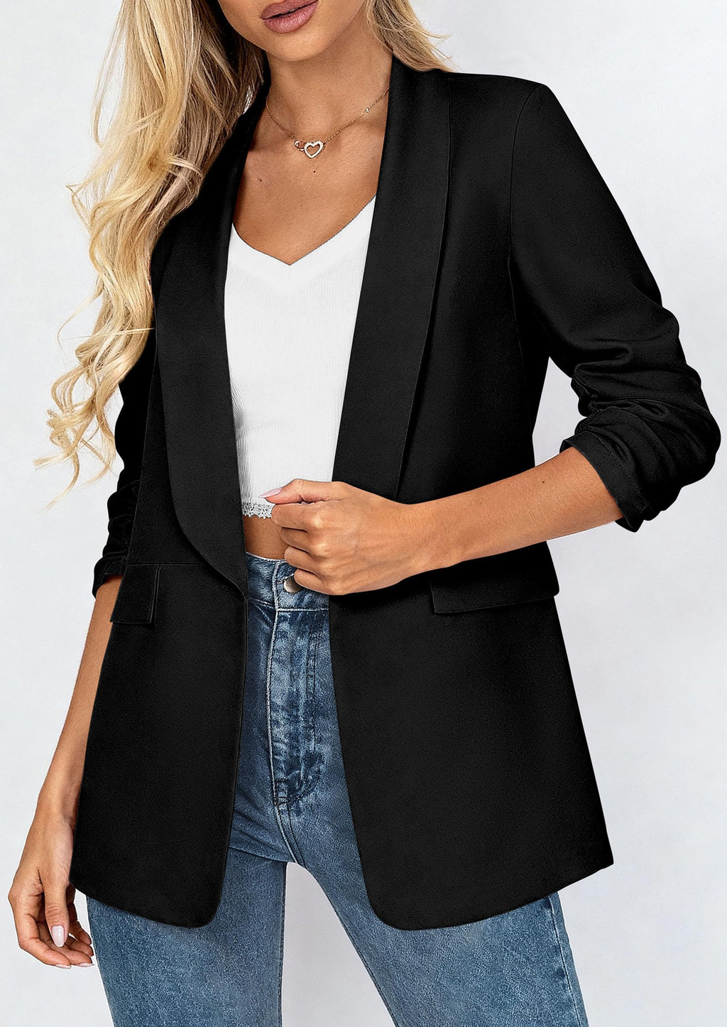 PRETTYGARDEN Women's Summer Blazers Business Casual Outfits | Ruched 3/4 Sleeve,Shawl Lapel,Collared Open Front,Padded Shoulder,Lightweight Jackets,Office Work Suits,Spring Fall Clothes