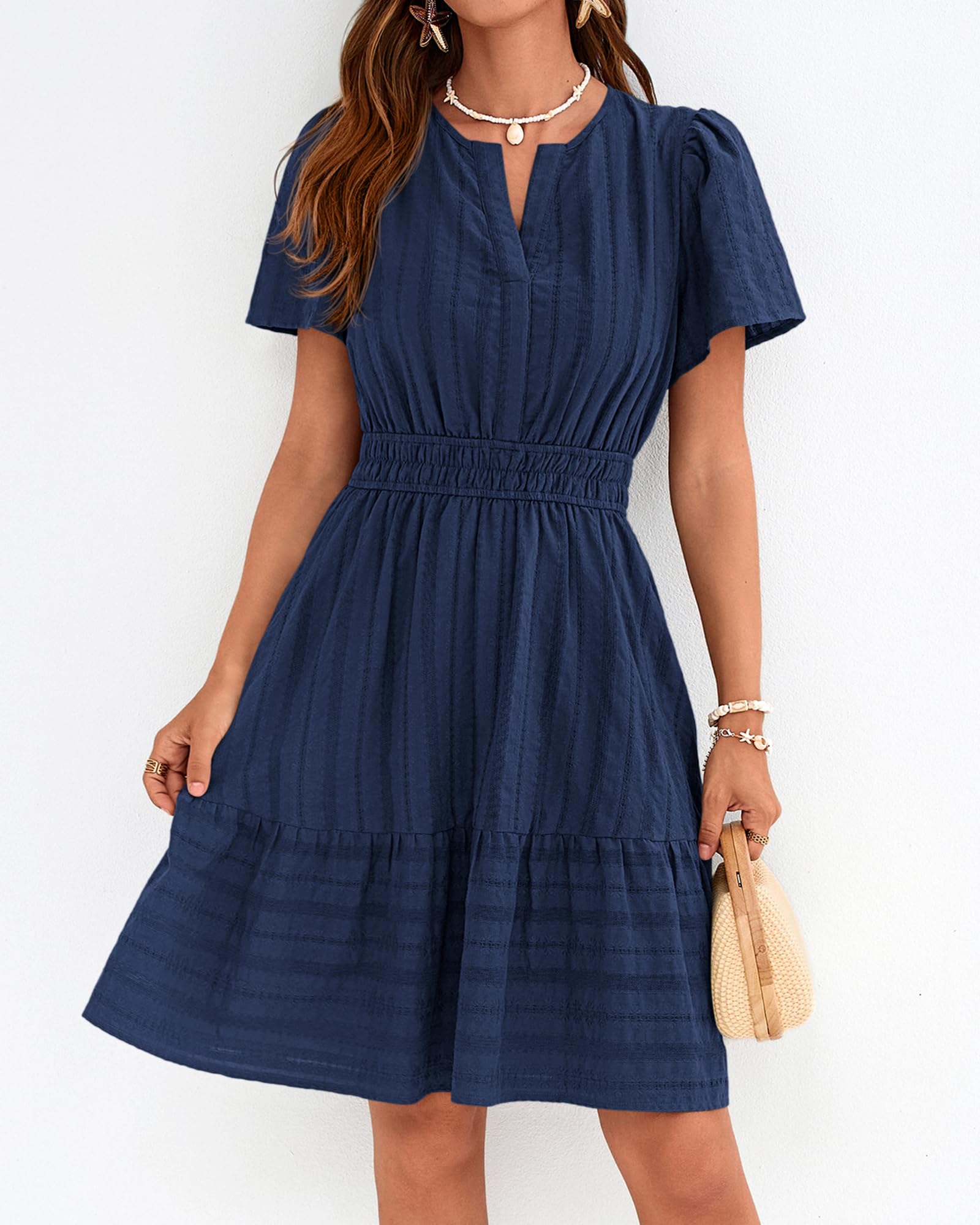 BTFBM Womens Spring  Casual Mini Dresses Lightweight Short Sleeve V Neck Elastic Waist Cute Boho Beach Dress Pockets