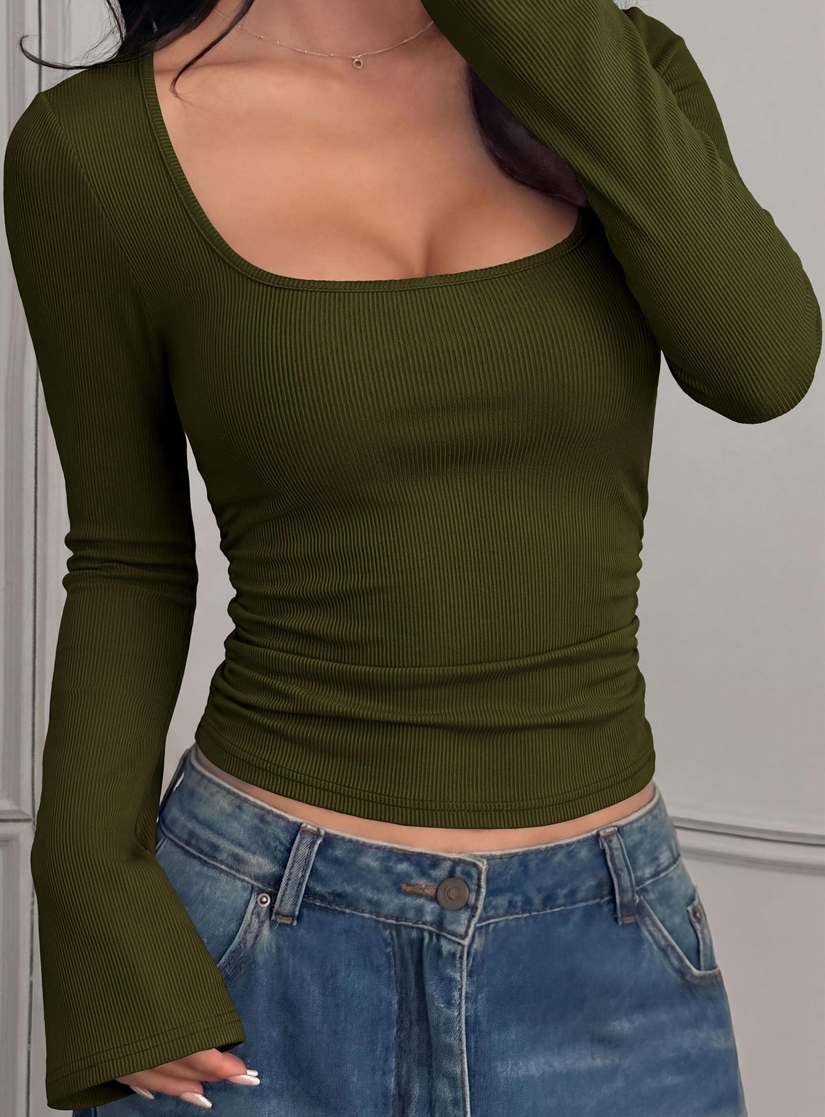 PRETTYGARDEN Womens Bell Long Sleeve Shirts Going Out Tops | Soft Stretchy Ribbed Knit, Square Neck, Slim Fit Y2K Clothes, Trendy Side Ruched, Layering Tee for Casual Fall & Winter Wear