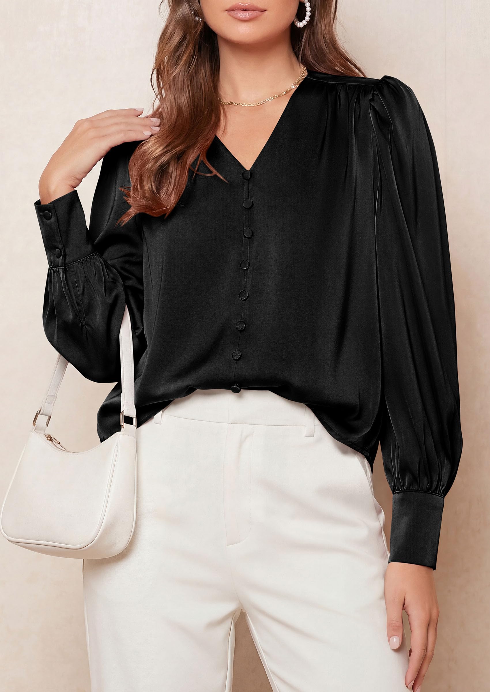 PRETTYGARDEN Satin Long Sleeve Womens Blouses Dressy Casual | Glossy Smooth Silk Fabric,Lantern Sleeve Fall Tops,Decorative Button Pullover,V Neck Shirts,Office Work Business Outfits