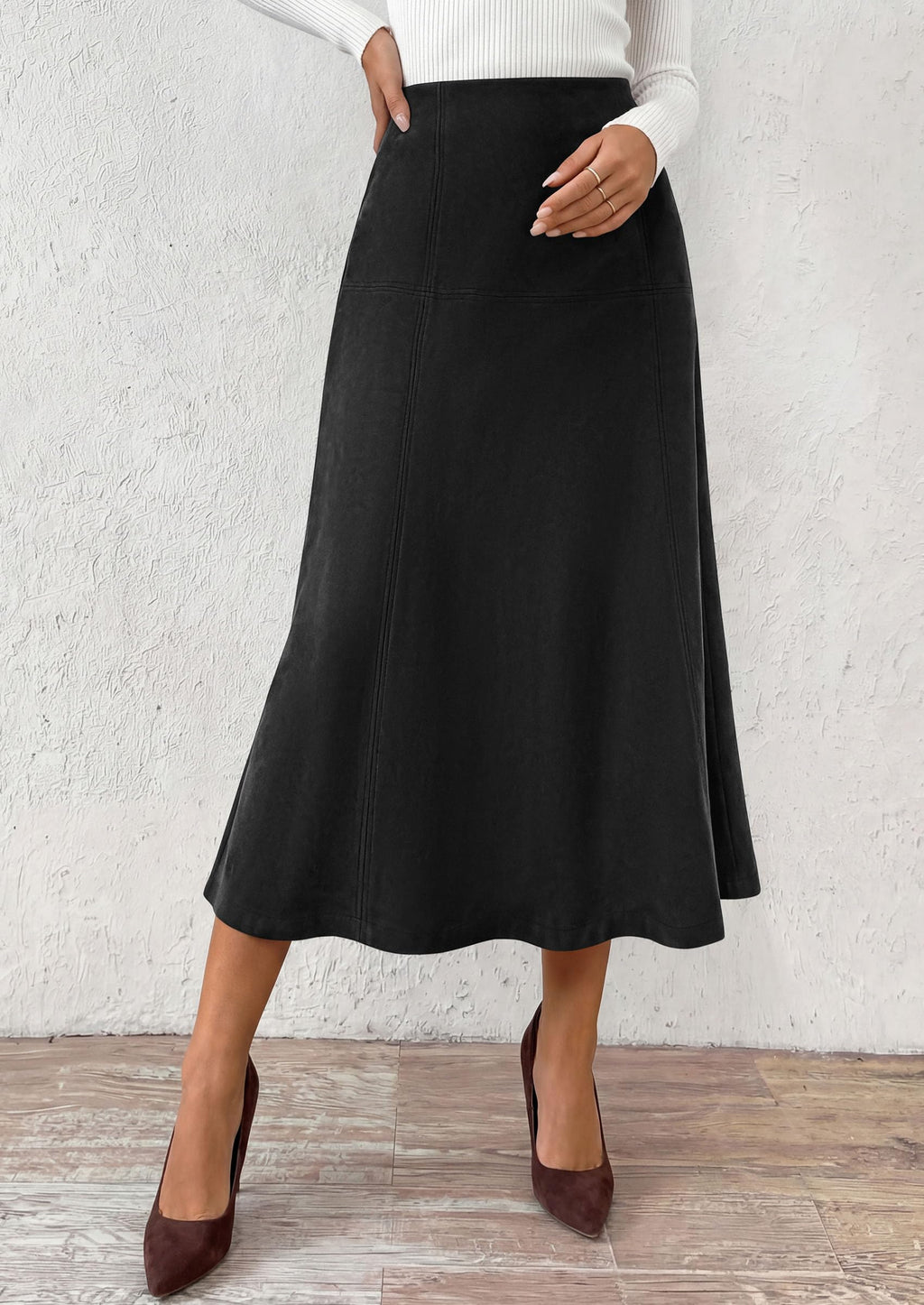 PRETTYGARDEN Womens High Waist Faux Suede A Line Midi Skirt | Hidden Stretch Elastic Waist, Front Back Panel Stitching, Vintage Elegant Mid-Calf Long Skirts for Fall Winter Office Daily