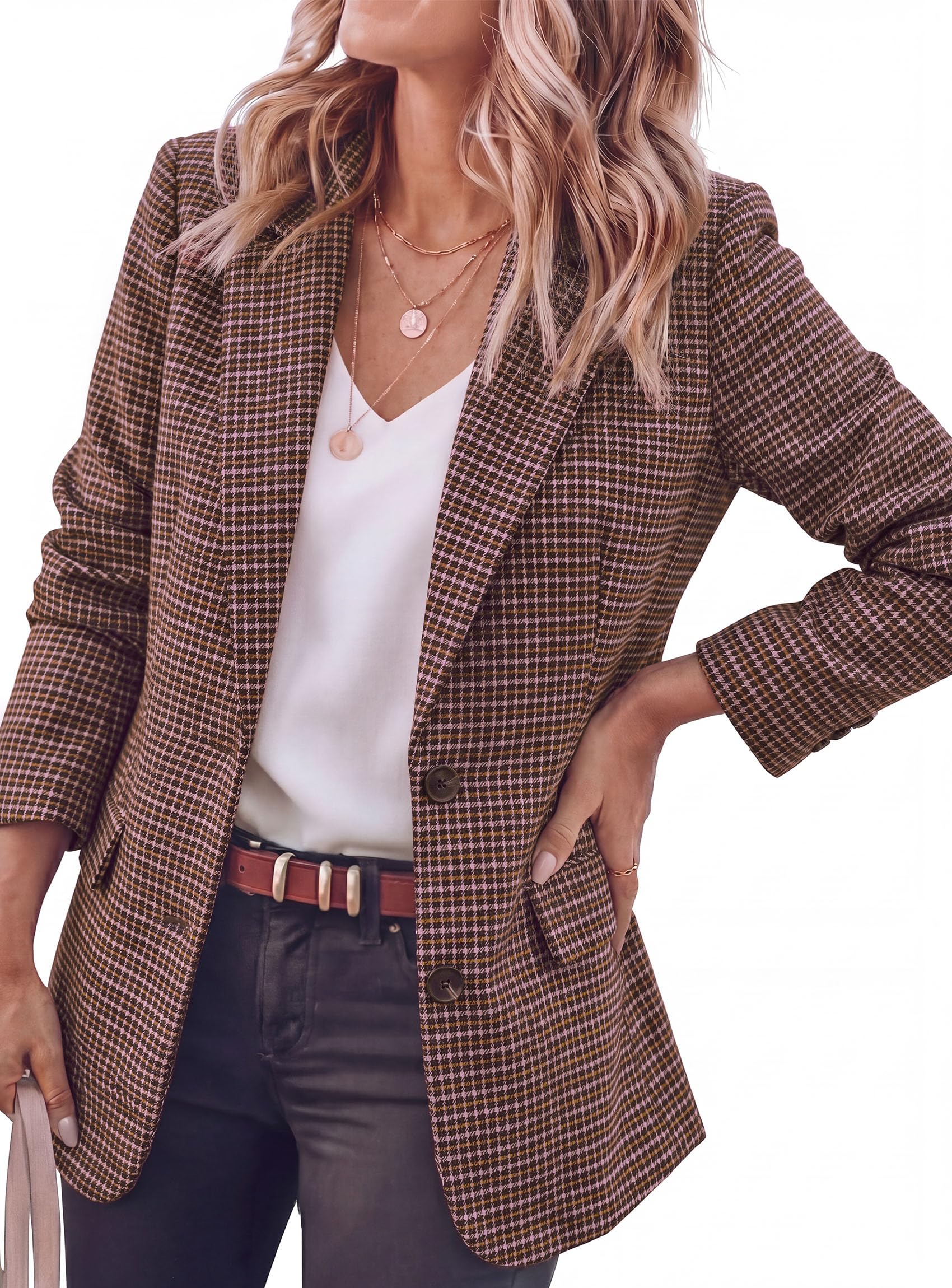 PRETTYGARDEN Fall Blazers for Women Business Casual | Long Sleeve Plaid Houndstooth, Notch Lapel Pockets, Oversized Blazer Outerwear, Trendy Suit Jackets, 2026 Winter Work Outfits