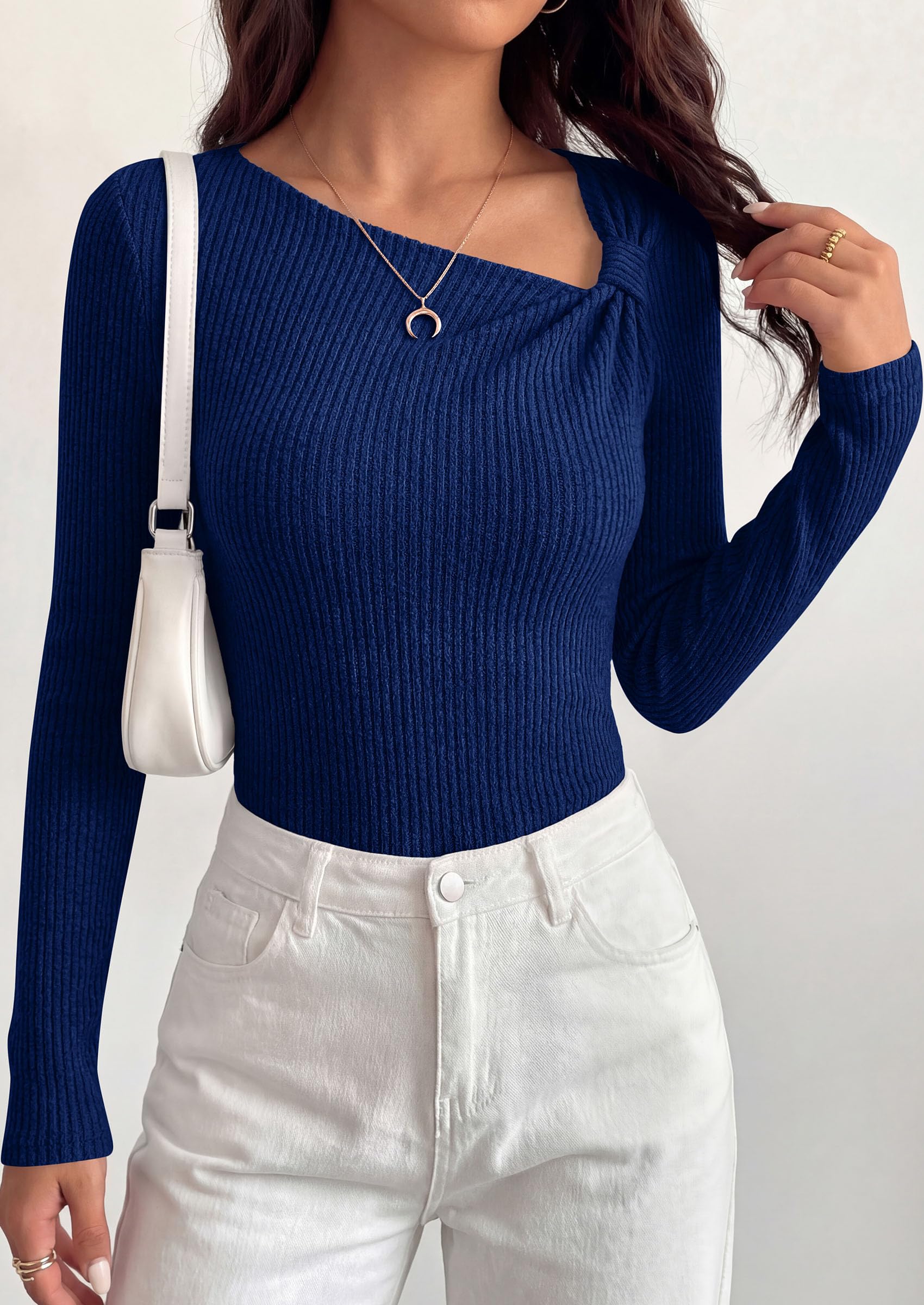 PRETTYGARDEN Womens  Early Fall Fashion Long Sleeve T Shirts Asymmetrical Ribbed Fitted Trendy Going Out Tops Y2K Outfits