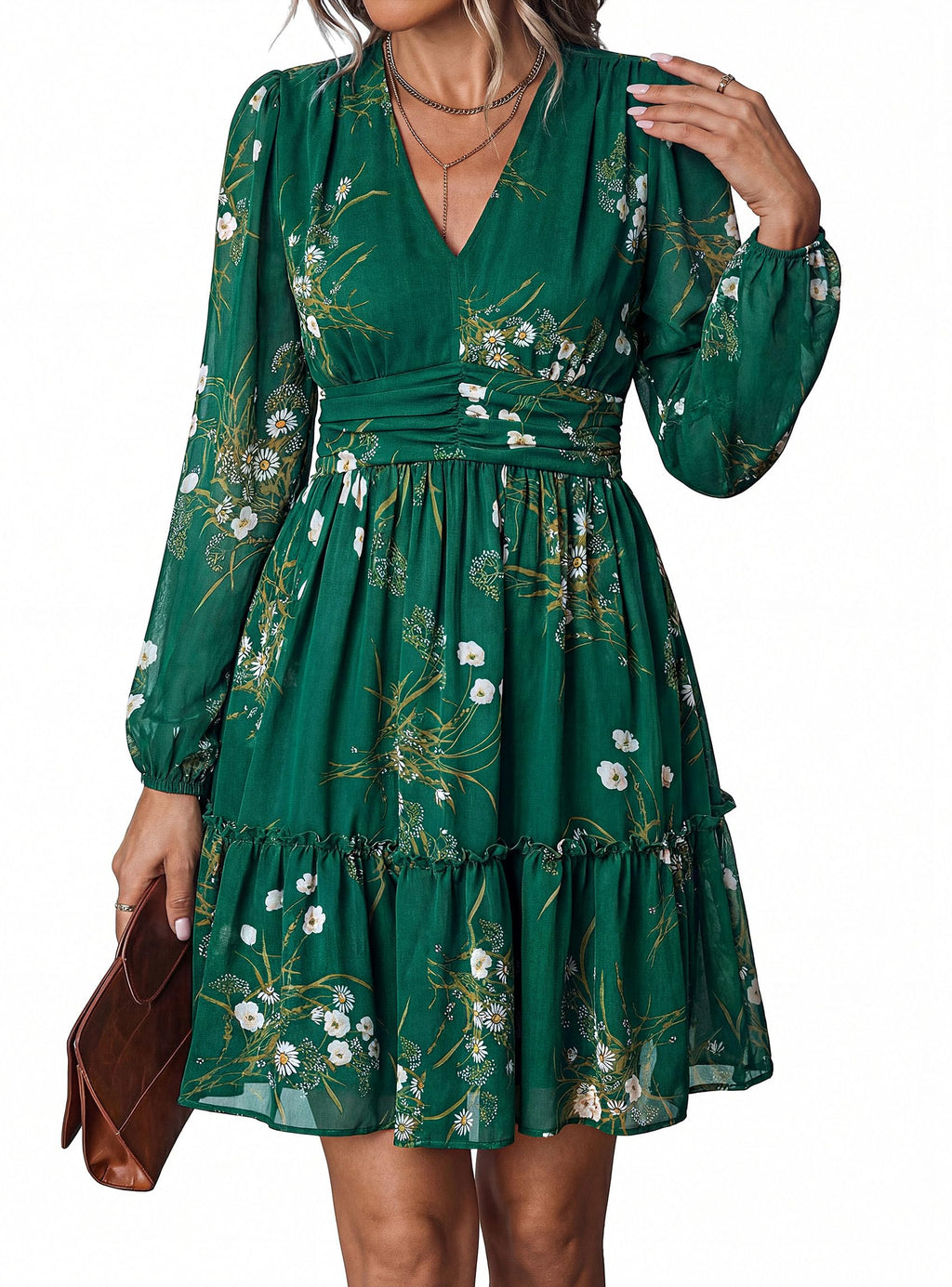 PRETTYGARDEN Women Floral Long Sleeve Mini Dress | Fall Wedding Guest Dresses, V Neck, Fit & Flare, Ruffle Hem A-Line, Short Chiffon Dress, Elegant Holiday Party, Date Outfits