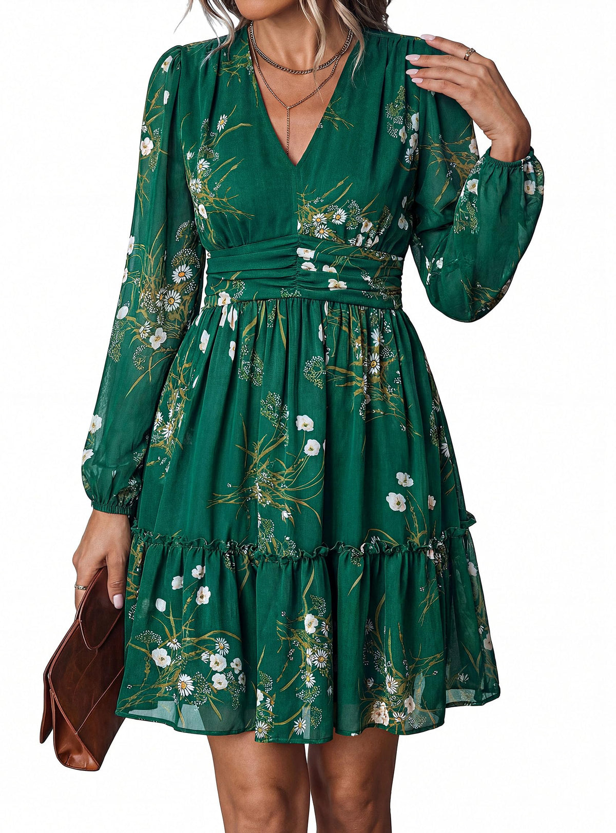 PRETTYGARDEN Women Floral Long Sleeve Mini Dress | Fall Wedding Guest Dresses, V Neck, Fit & Flare, Ruffle Hem A-Line, Short Chiffon Dress, Elegant Holiday Party, Date Outfits