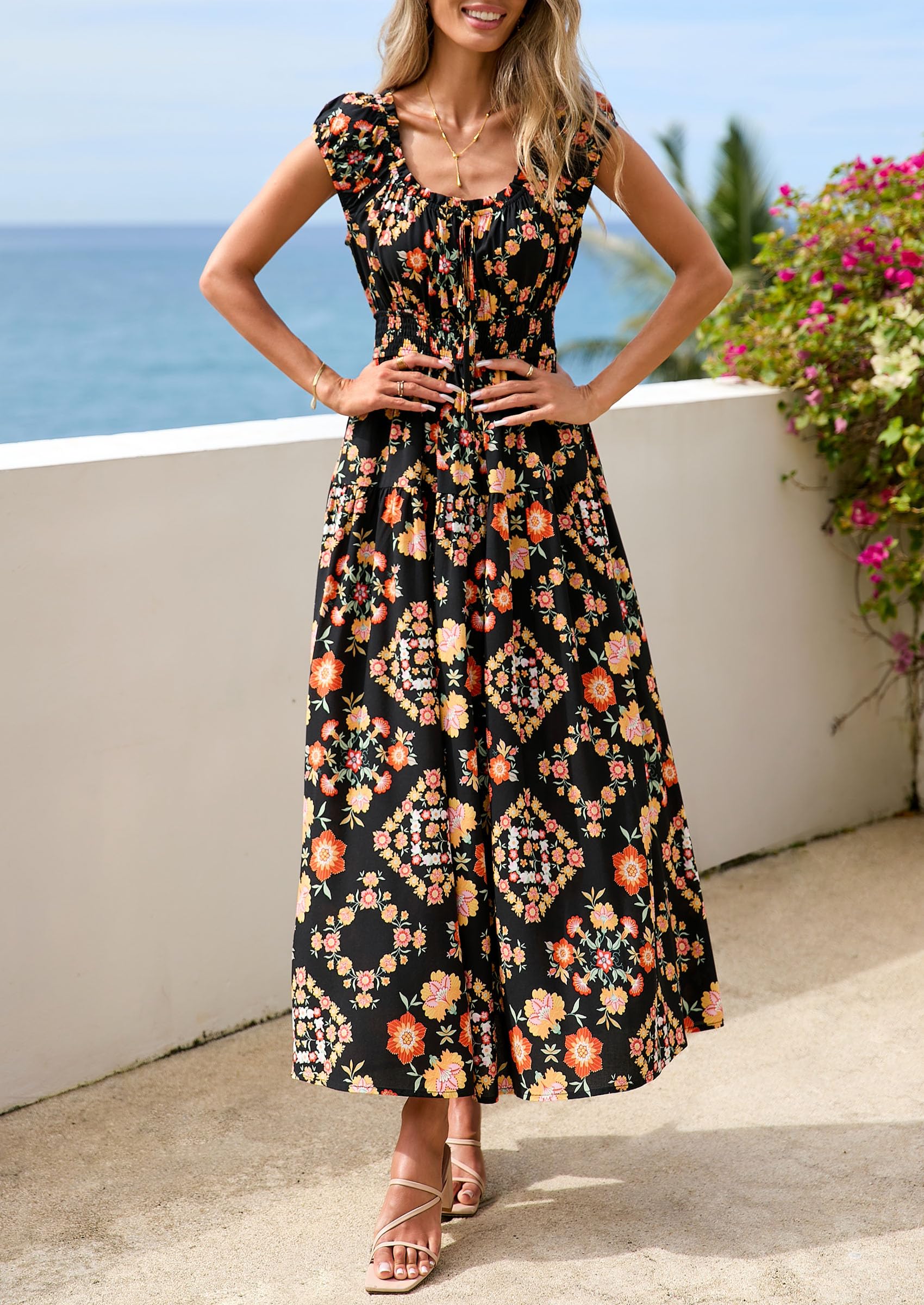 PRETTYGARDEN Boho Maxi Dresses for Women  Summer Floral Wedding Guest Dress Resort Wear Spring Long Flowy Beach Sundress