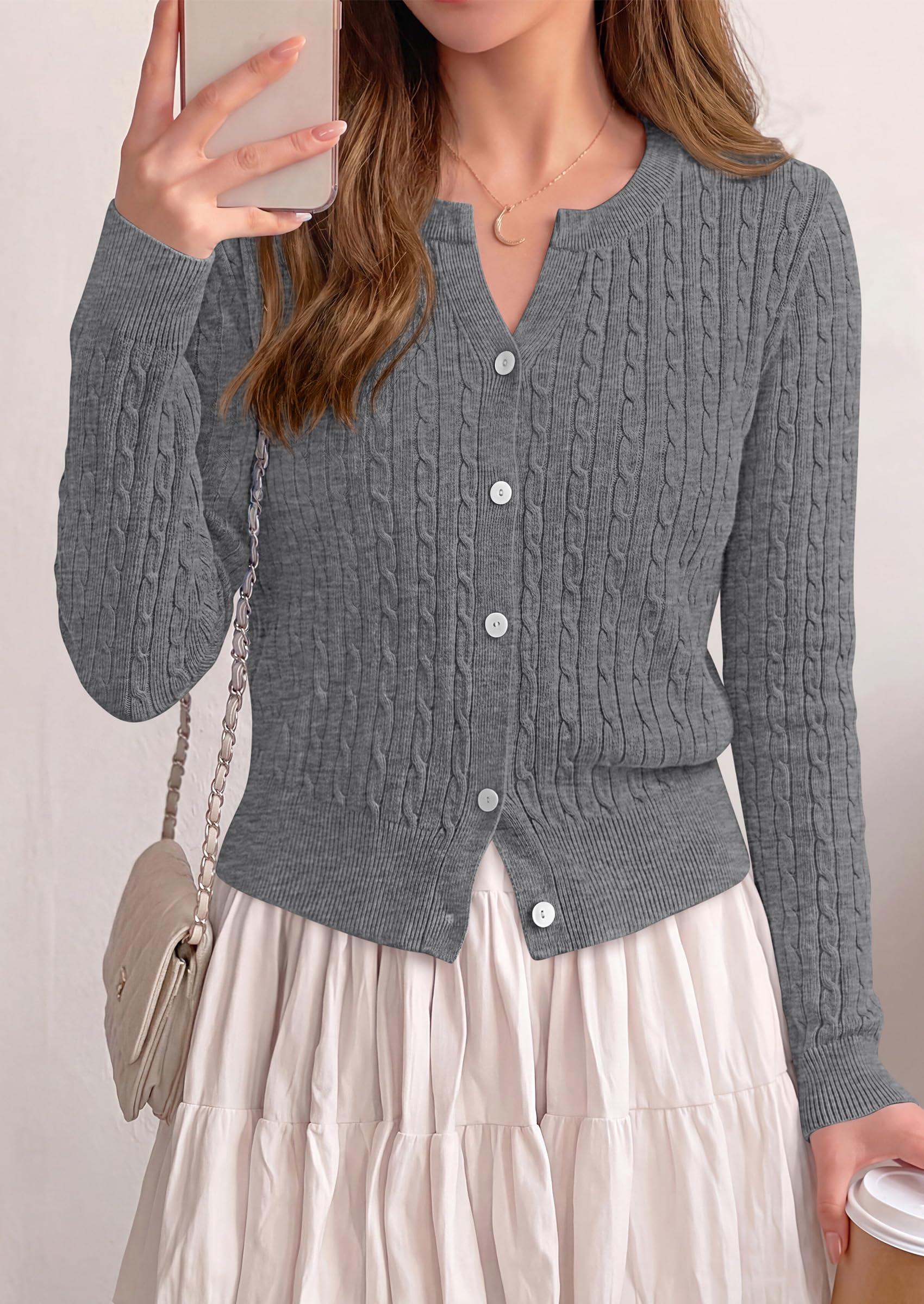 FreshPretty Women's Cable Knit Cropped Cardigan Sweater V Neck Button Down | Soft Lightweight Cable Knit, Long Sleeve, V Neck Button Front, Cropped Ribbed Trim, Business Casual Fall Winter Layering