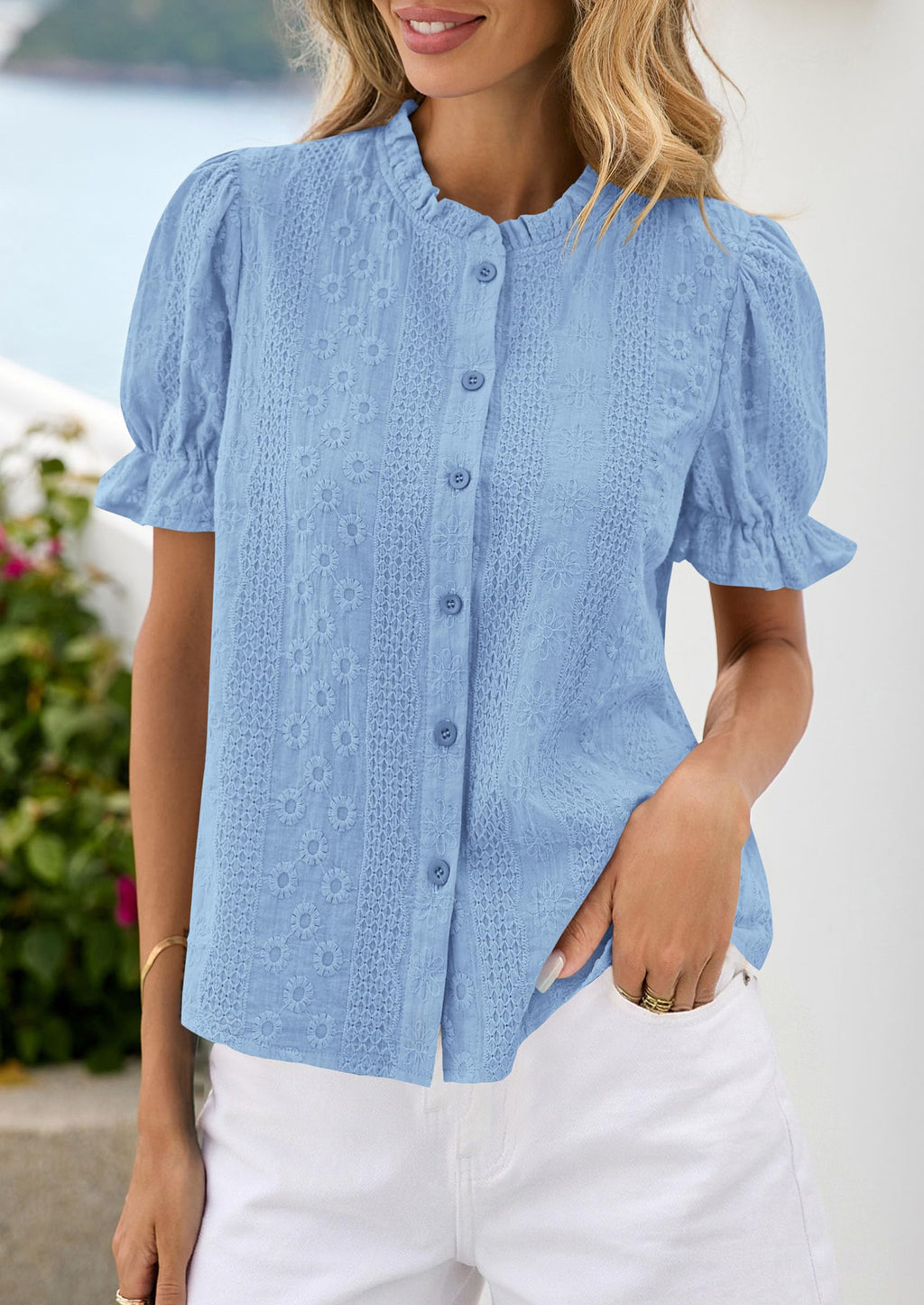 PRETTYGARDEN Womens Puff Short Sleeve Tops  Summer Spring Button Down Boho Embroidered Cute Blouse Dressy Casual Shirts