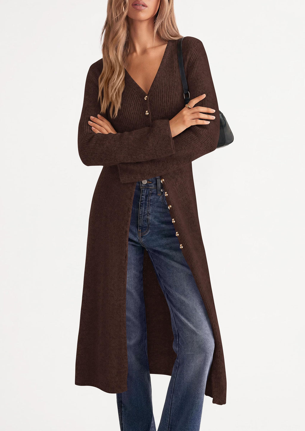 PRETTYGARDEN Women Long Cardigan Bell Sleeve Sweater Dress Early Fall Fashion, V Neck Button Down Coats, Fit and Flare, Duster Sweater, Acrylic Cotton Blend