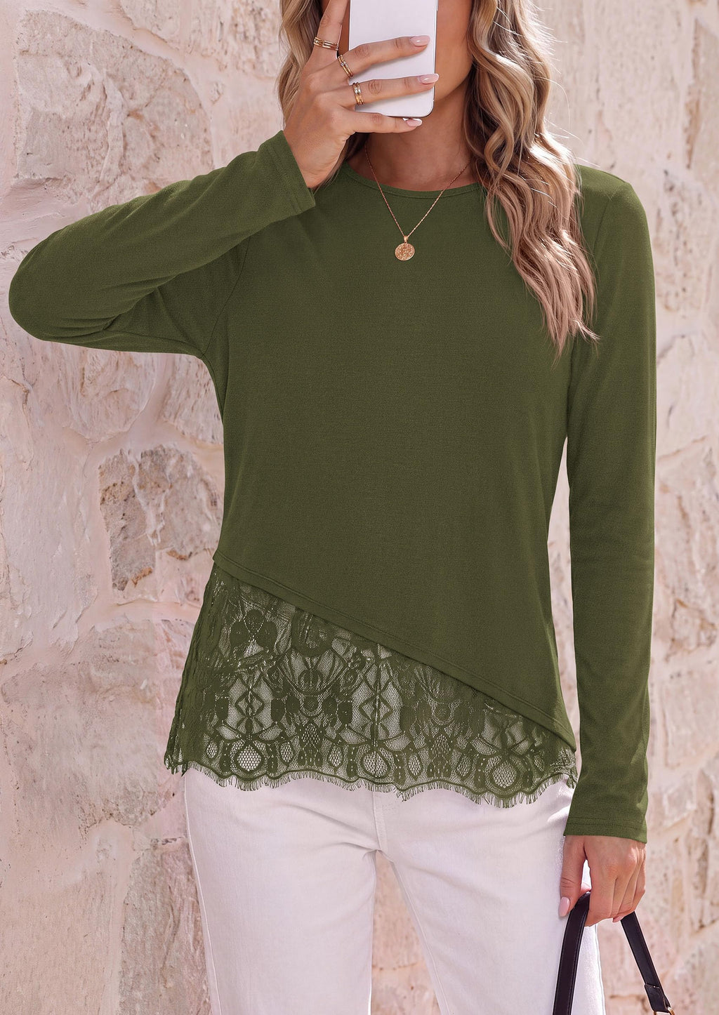 PRETTYGARDEN Women's Lace Patchwork Long Sleeve Shirts | Soft Casual Tops,Irregular Asymmetrical Hem,Crew Neck Thermal Blouses,Loose Fit Layer Tee,Fashion Fall Winter Daily Wear