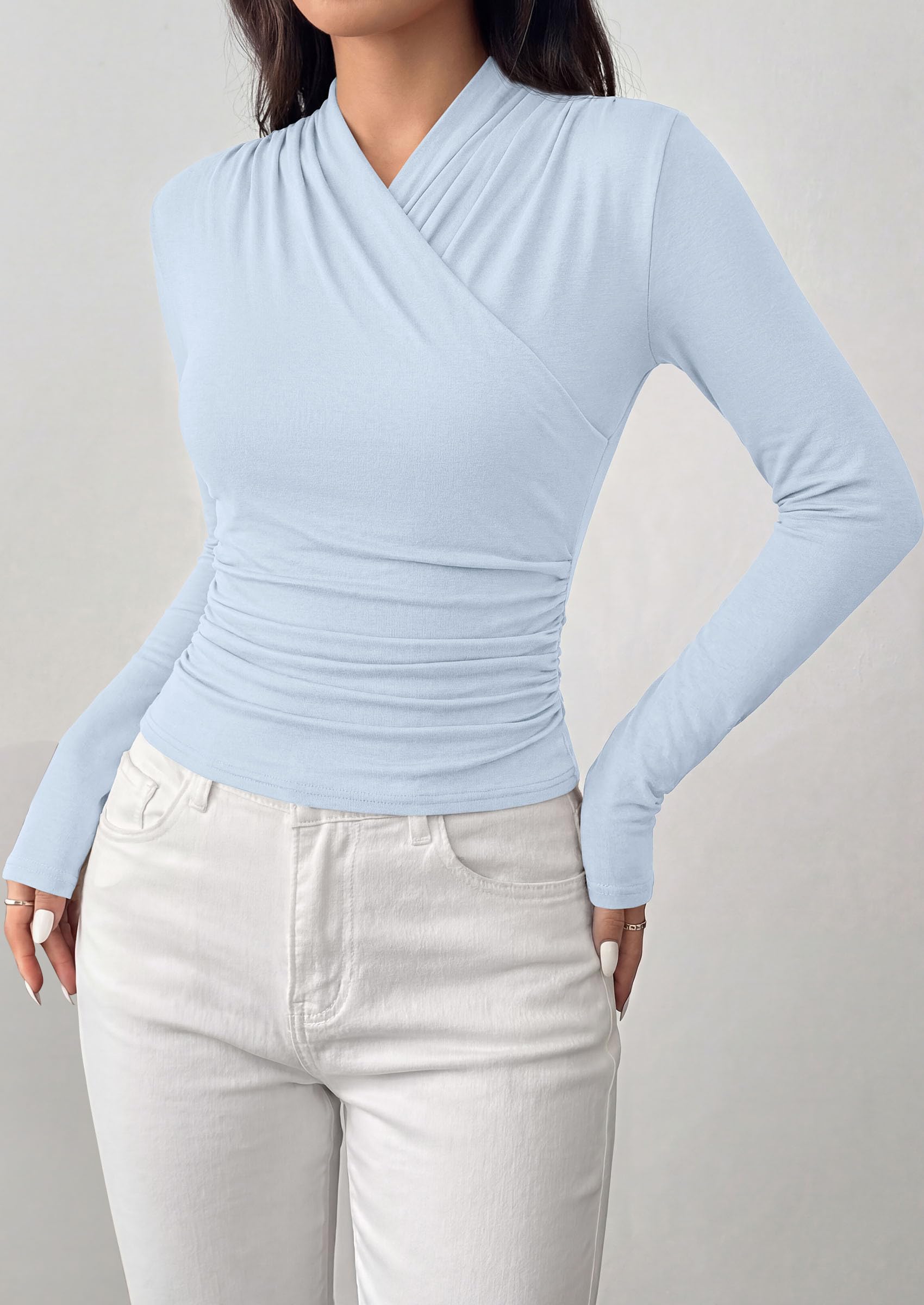PRETTYGARDEN Womens Long Sleeve Shirts Going Out Wrap Top | Soft Heathered Stretchy Viscose Fitted Blouse, V Neck Ruched Waist Dressy Tops, Office Business Casual Fall Winter Daily Wear