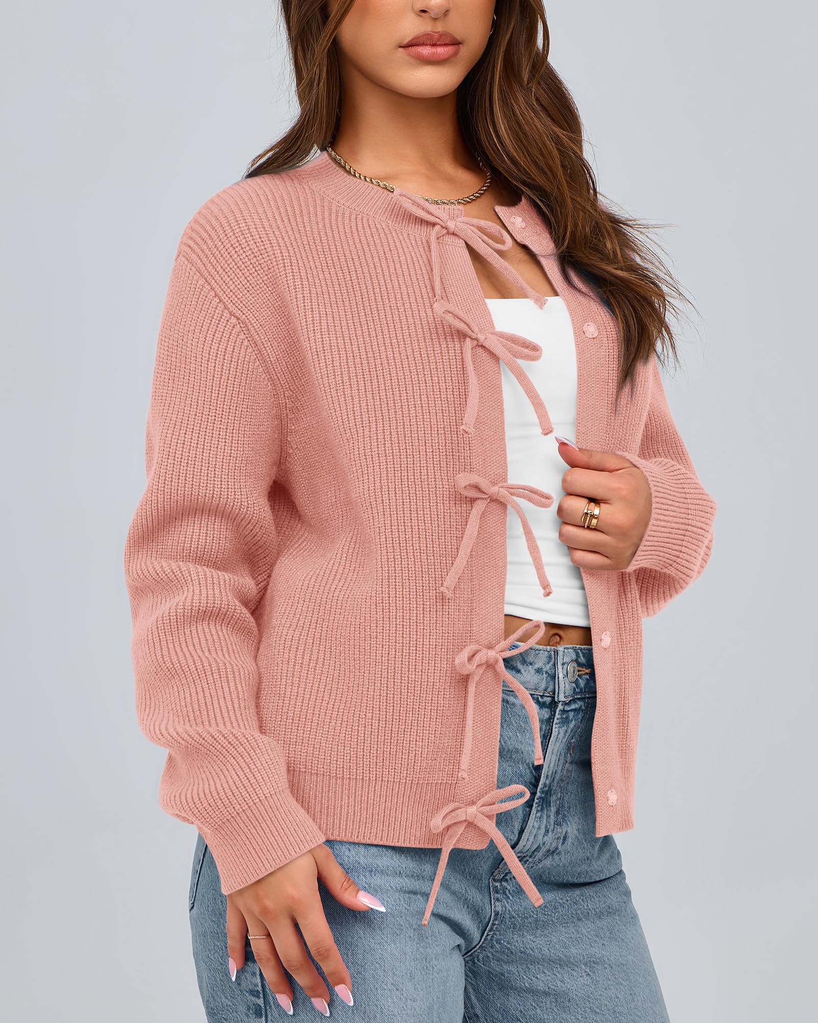 BTFBM Bow Cropped Cardigan Sweaters for Women Fall Winter Open Front Sweater Long Sleeve Button Fashion Spring Clothes